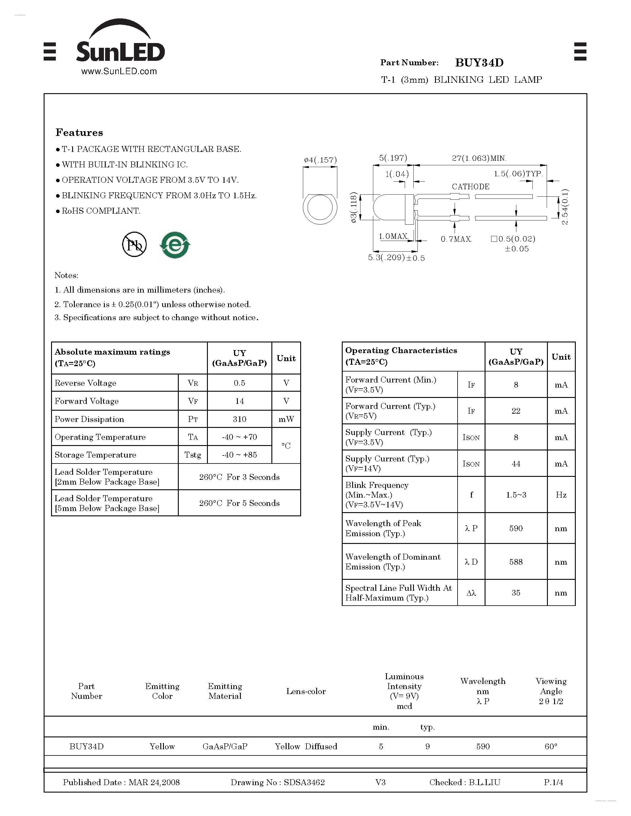Datasheet BUY34D page 1 Datasheet BUY34D - T-1 (3mm) BLINKING LED LAMP page 1