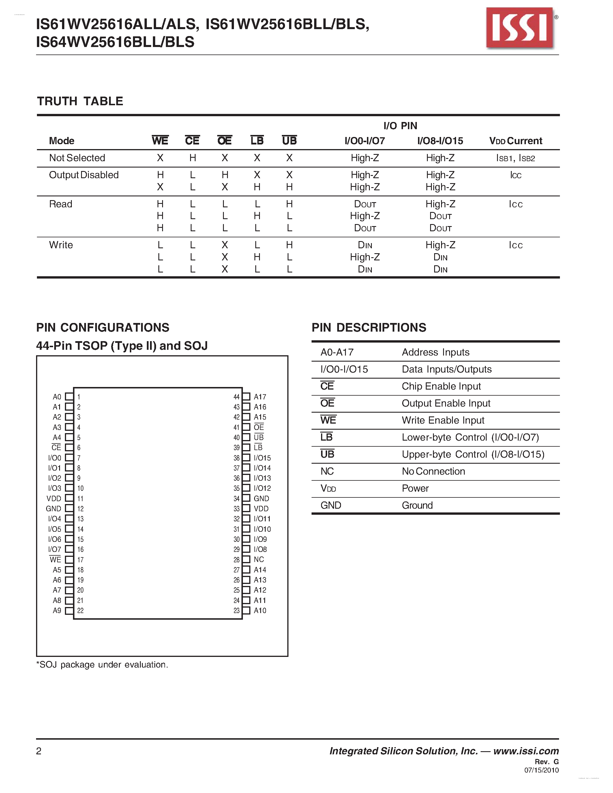Даташит IS61WV25616ALL - 256K X 16 High Speed Asynchronous CMOS Static Ram страница 2