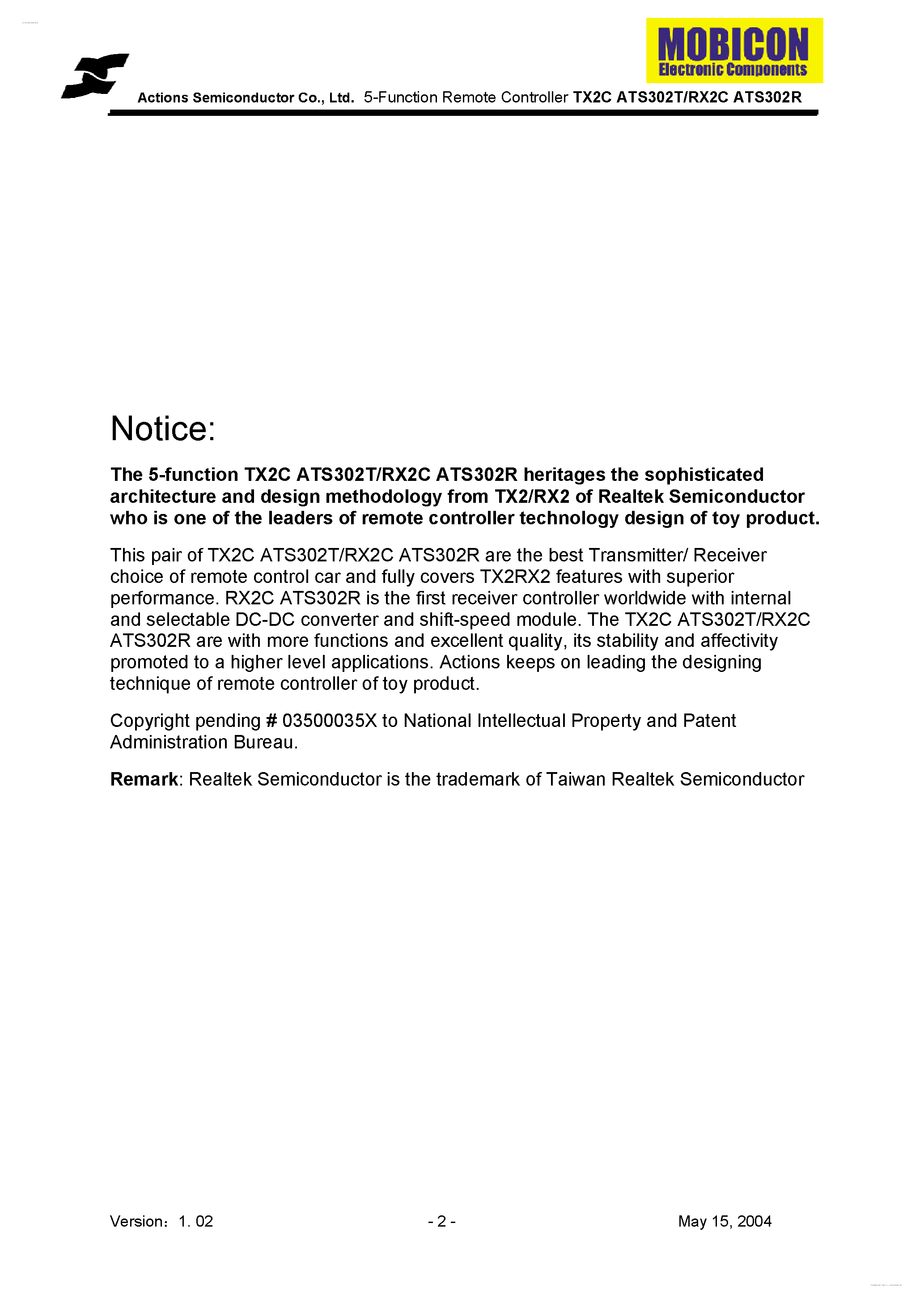 Datasheet RX2C page 2 Datasheet RX2C - 5-Function Remote Controller page 2