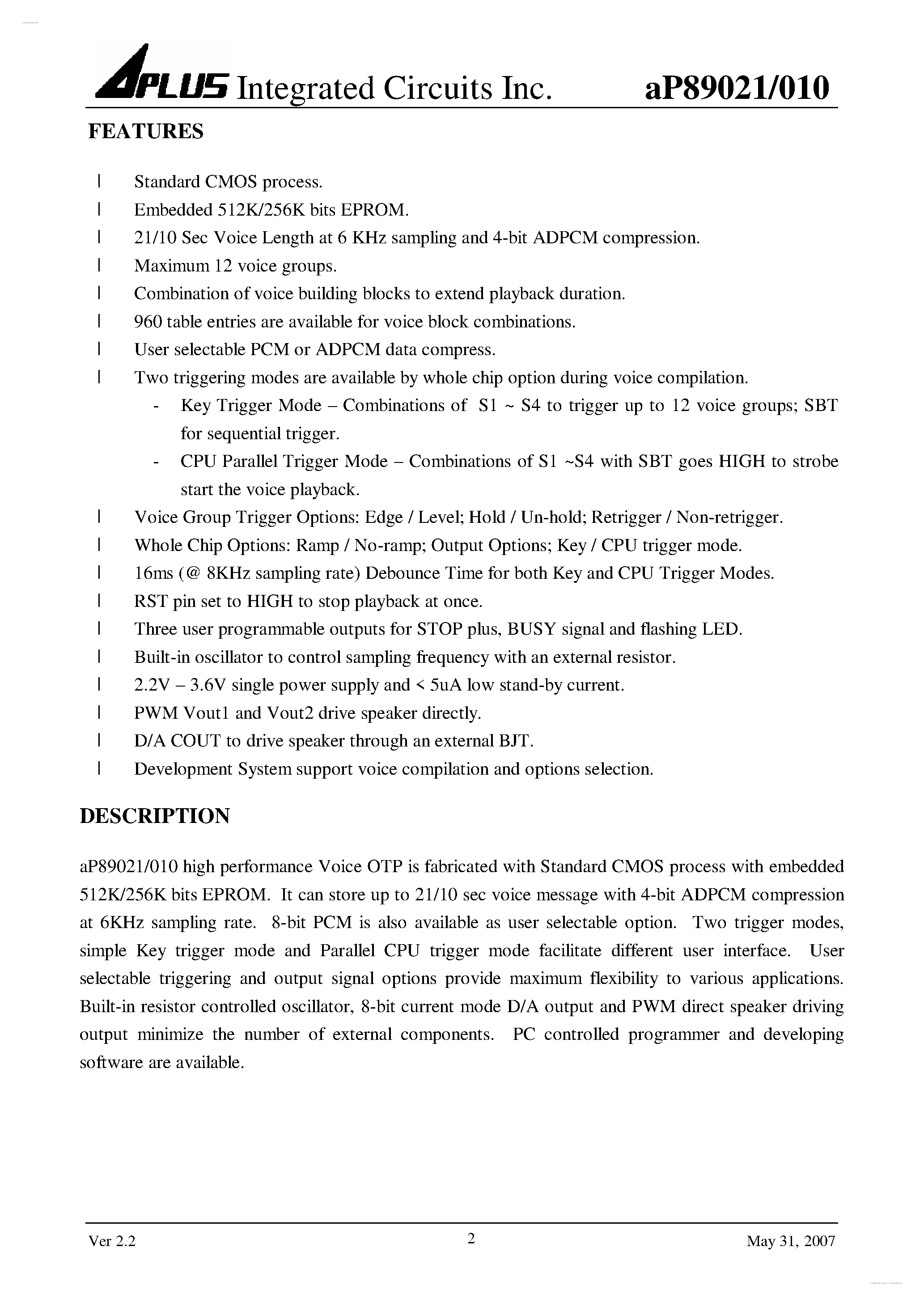 Даташит на микросхему aP89010 страница 2 Даташит aP89010 - (aP89010 / aP89021) Standard CMOS process страница 2