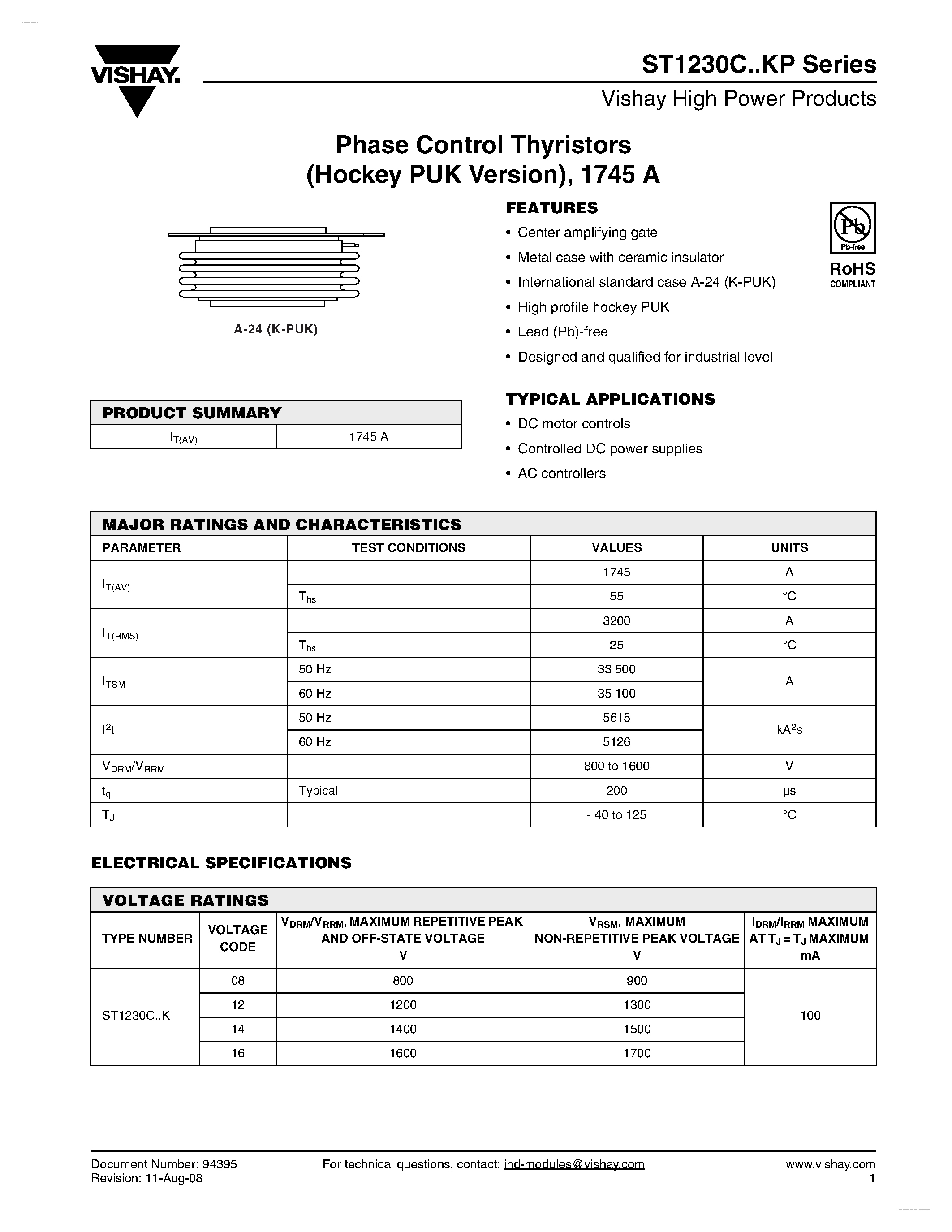 Datasheet ST1230CxxKP - Phase Control Thyristors page 1