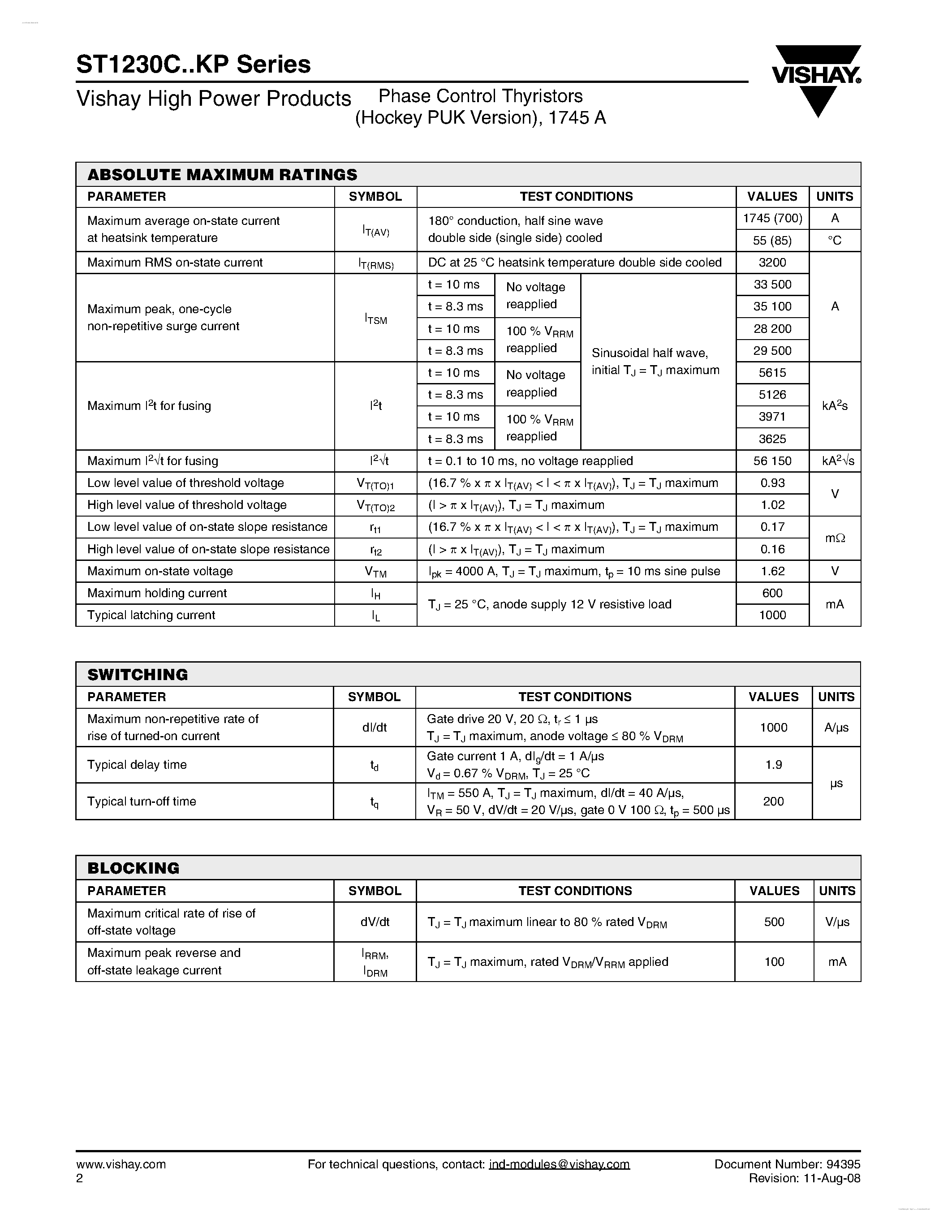 Datasheet ST1230CxxKP page 2 Datasheet ST1230CxxKP - Phase Control Thyristors page 2