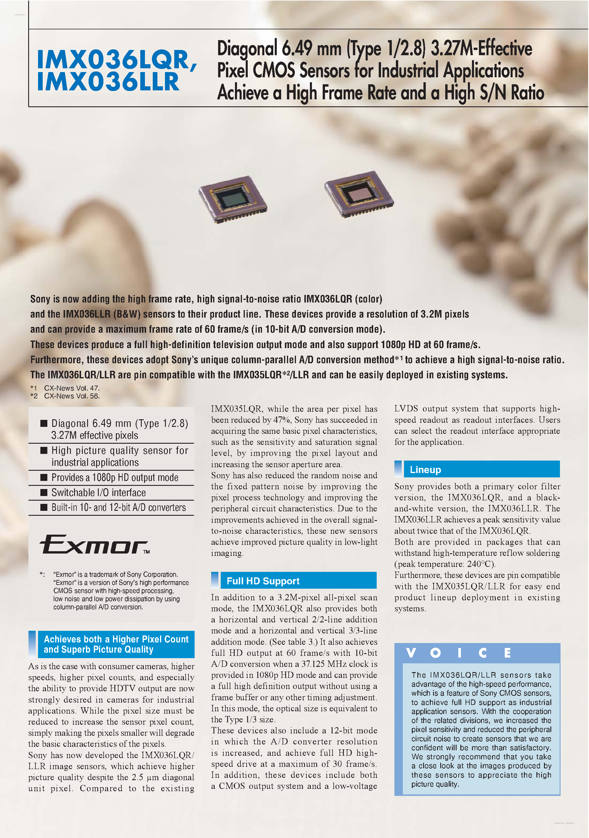 Datasheet IMX036LLR page 1 Datasheet IMX036LLR - Diagonal 6.49 mm (Type 1/2.8) 3.27M-Effective Pixel CMOS Sensors page 1