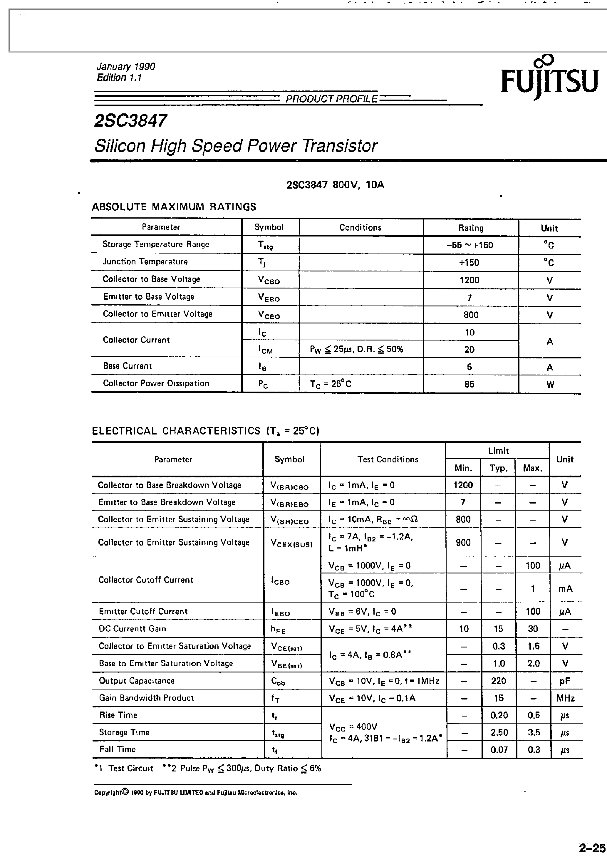 Datasheet 2SC3847 page 1 Datasheet 2SC3847 - Silicon High Speed Power Transistor page 1