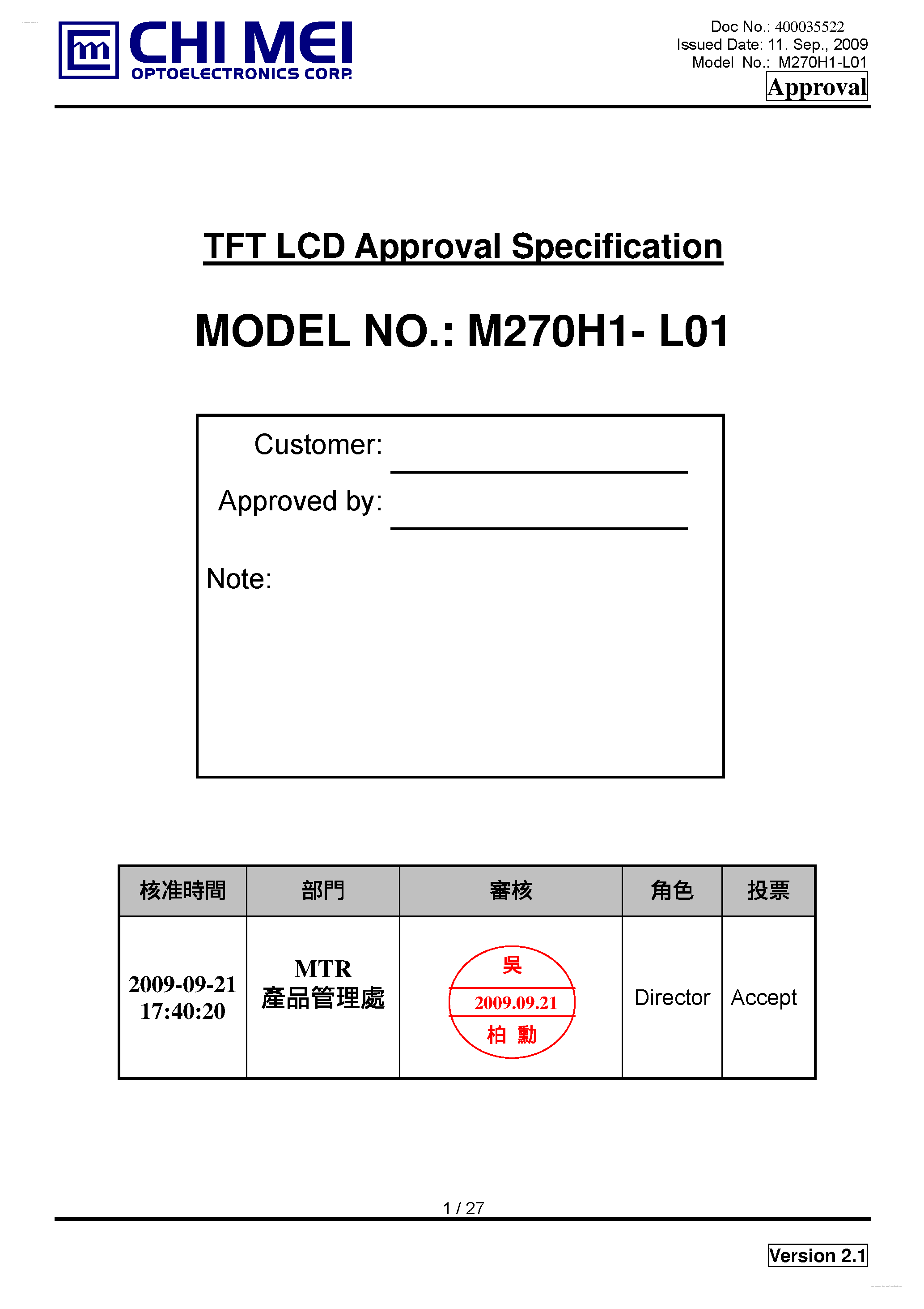 Datasheet M270H1-L01 - LCD Module page 1