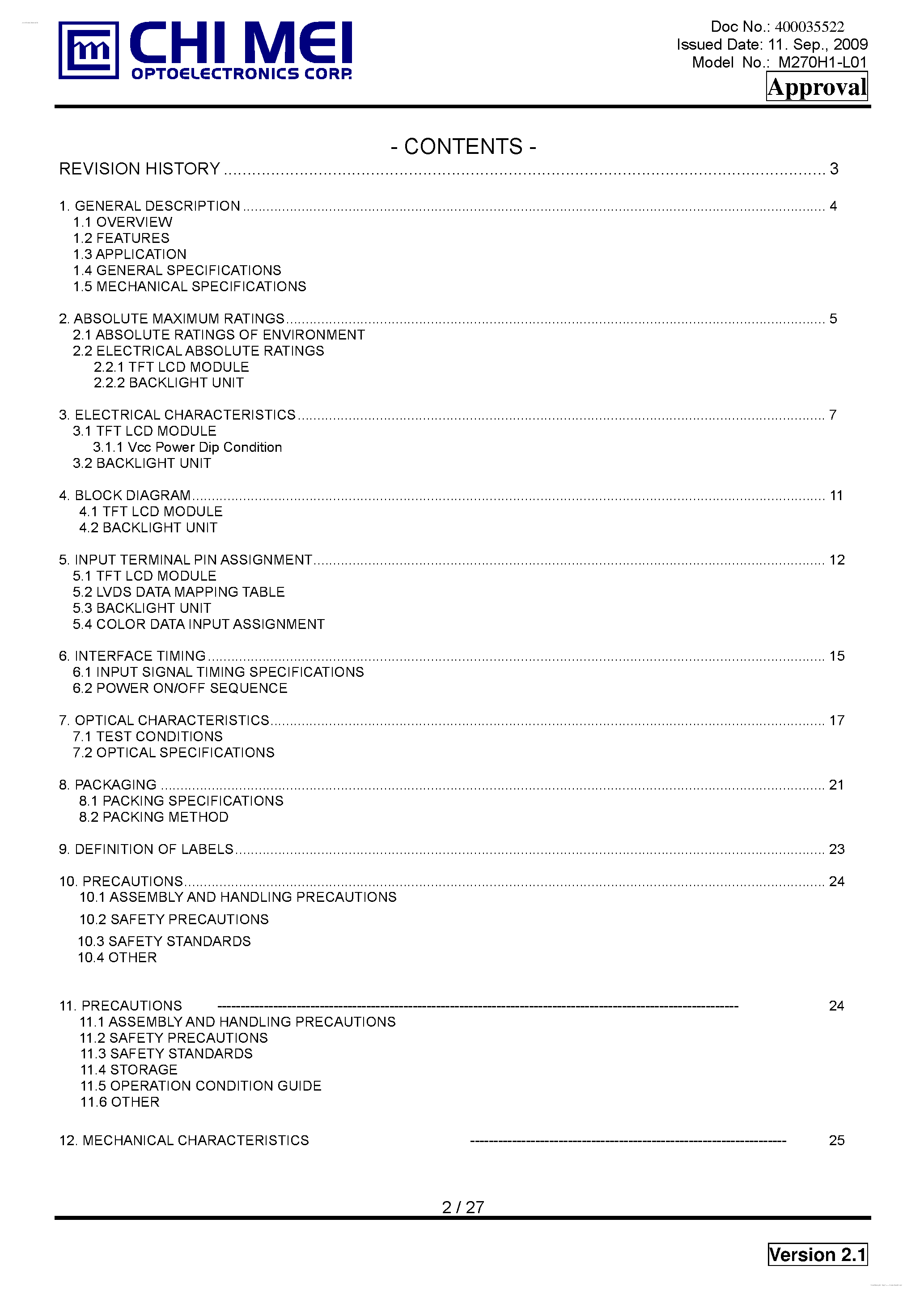 Datasheet M270H1-L01 - LCD Module page 2