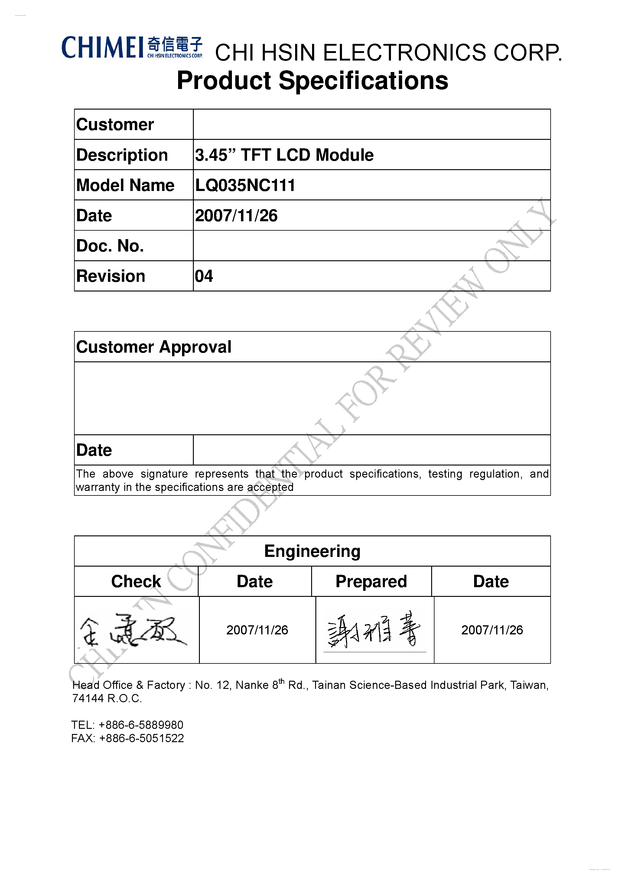 Datasheet LQ035NC111 page 1 Datasheet LQ035NC111 - LCD Module page 1