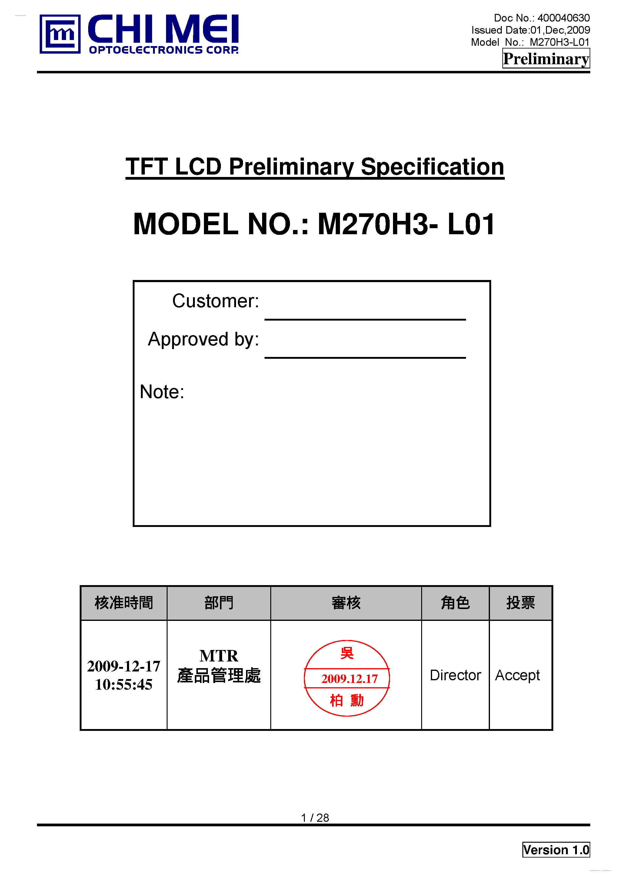Datasheet M270H3-L01 - LCD Module page 1