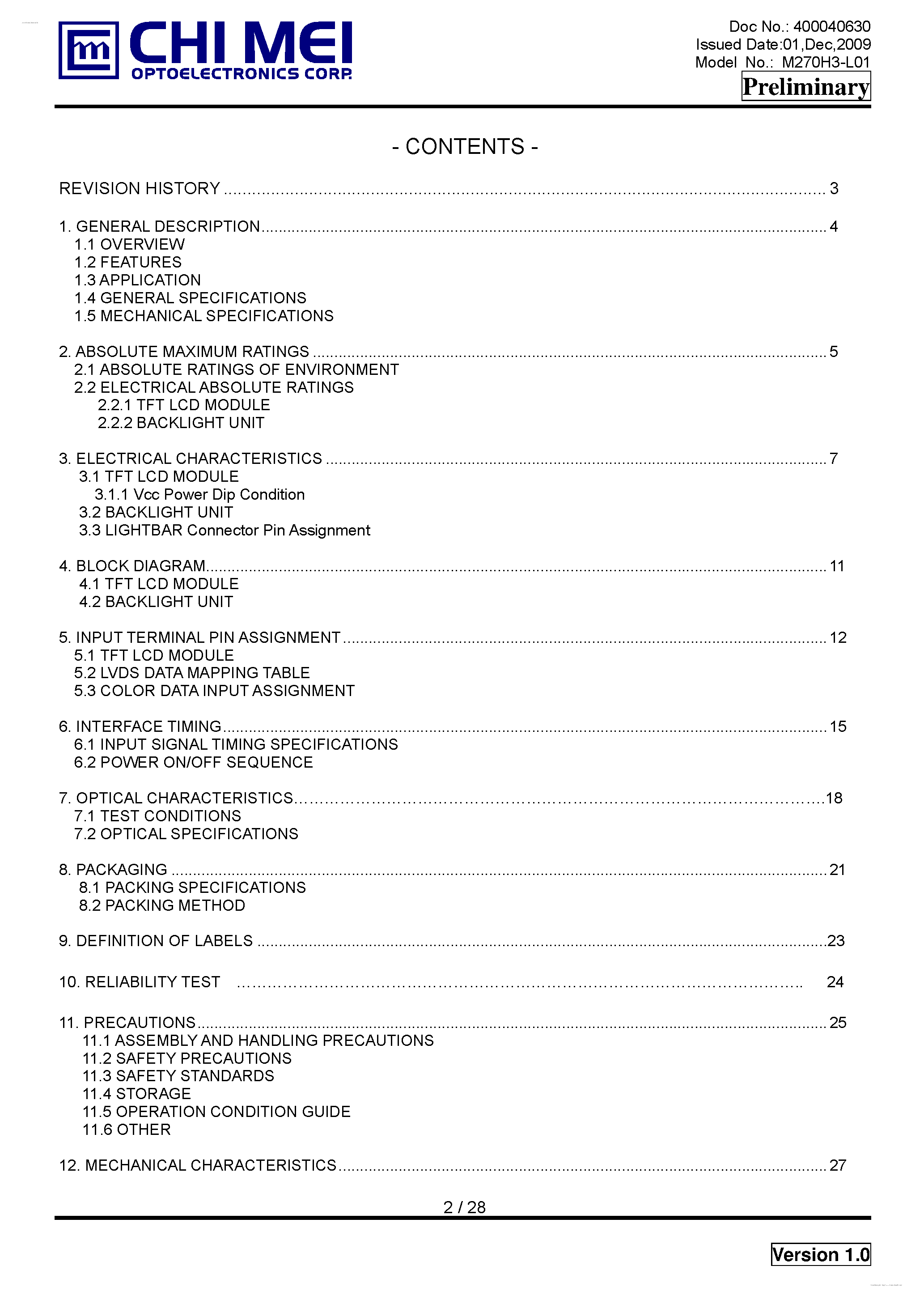 Datasheet M270H3-L01 - LCD Module page 2