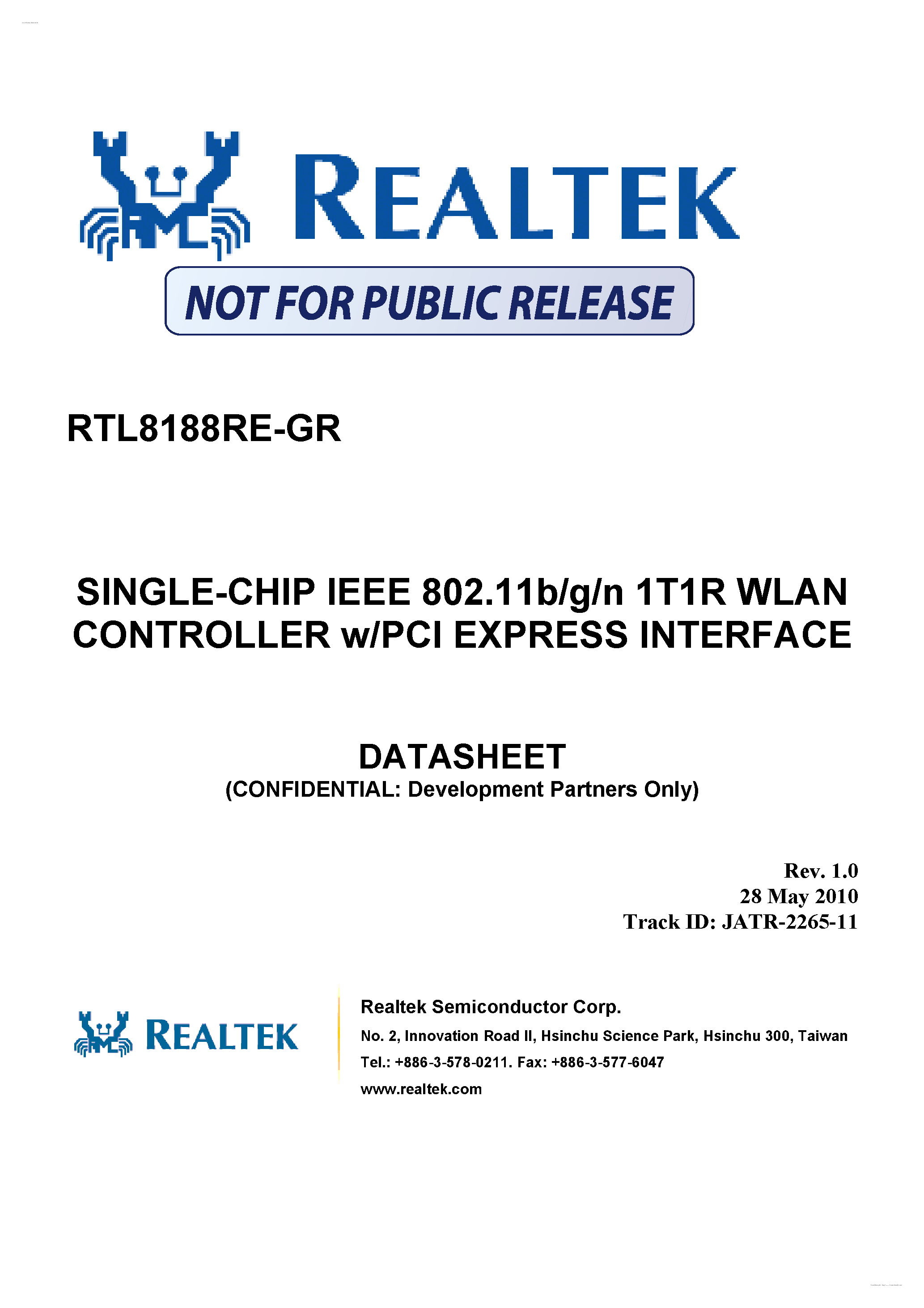 Datasheet RTL8188RE-GR - Single Chip IEEE 802.11b/g/n 1T1R WLAN Controller w/PCI Express Interface page 1