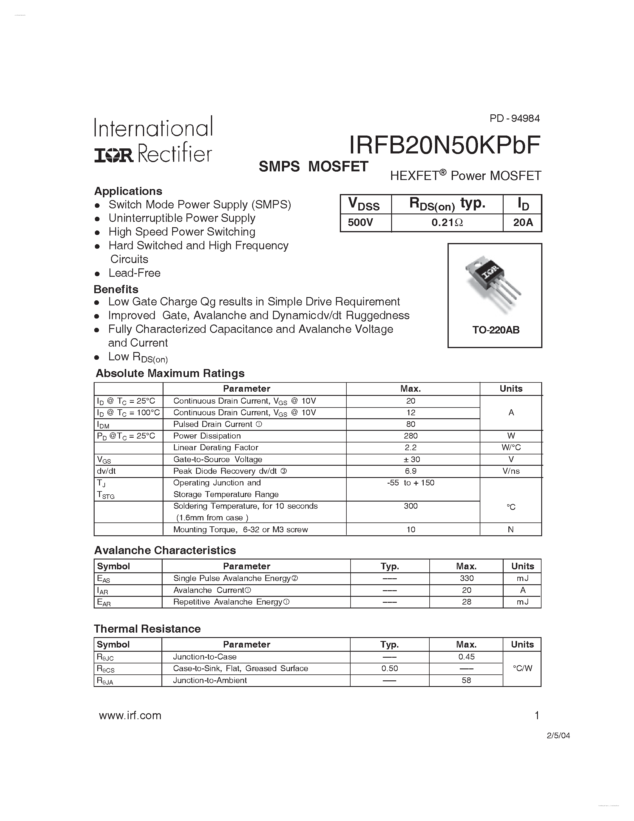 Datasheet IRFB20N50KPBF - HEXFET Power MOSFET page 1