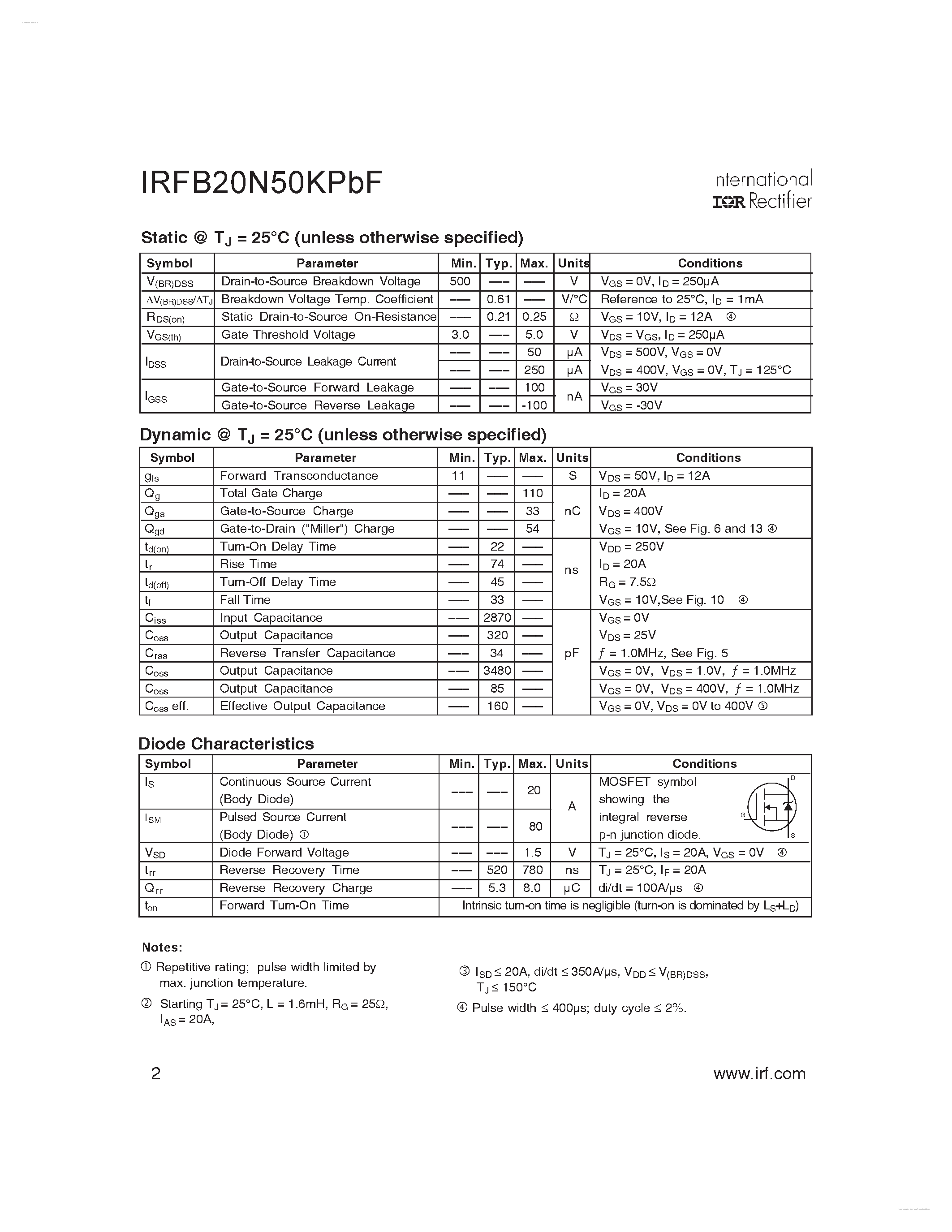 Datasheet IRFB20N50KPBF - HEXFET Power MOSFET page 2