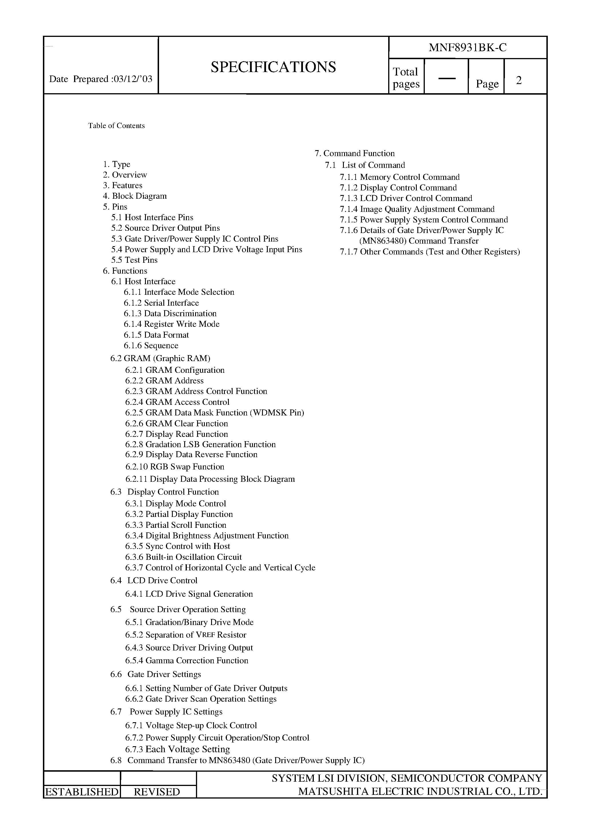 Datasheet MNF8931BK-C page 2 Datasheet MNF8931BK-C - LCD Controller IC page 2