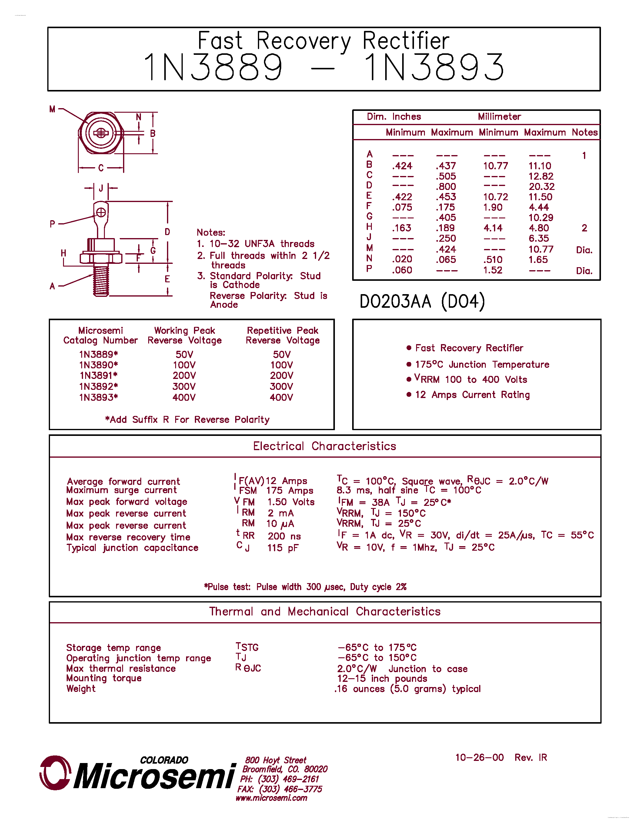 Datasheet 1N3889 page 1 Datasheet 1N3889 - (1N3889 - 1N3893) Fast Recovery Rectifier page 1