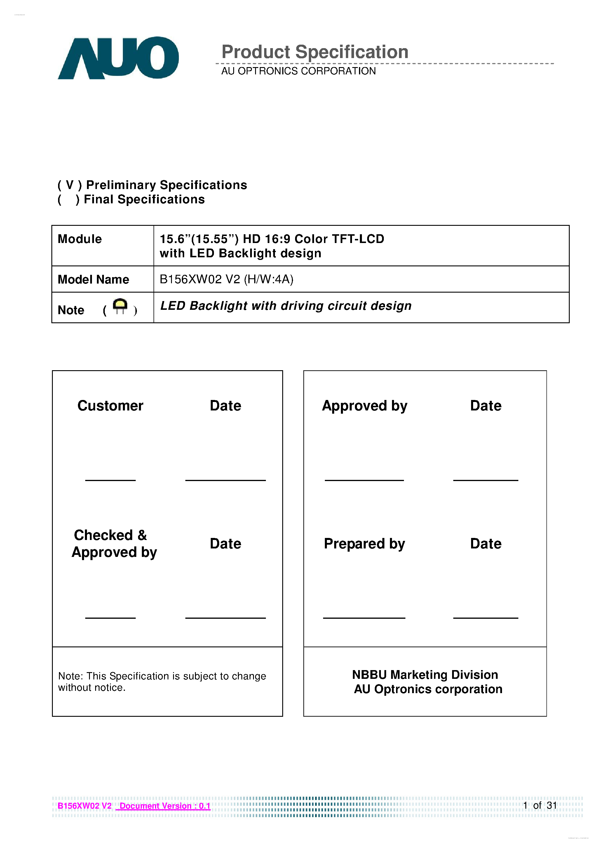 Даташит на микросхему B156XW02-V2 страница 1 Даташит B156XW02-V2 - LCD Module страница 1