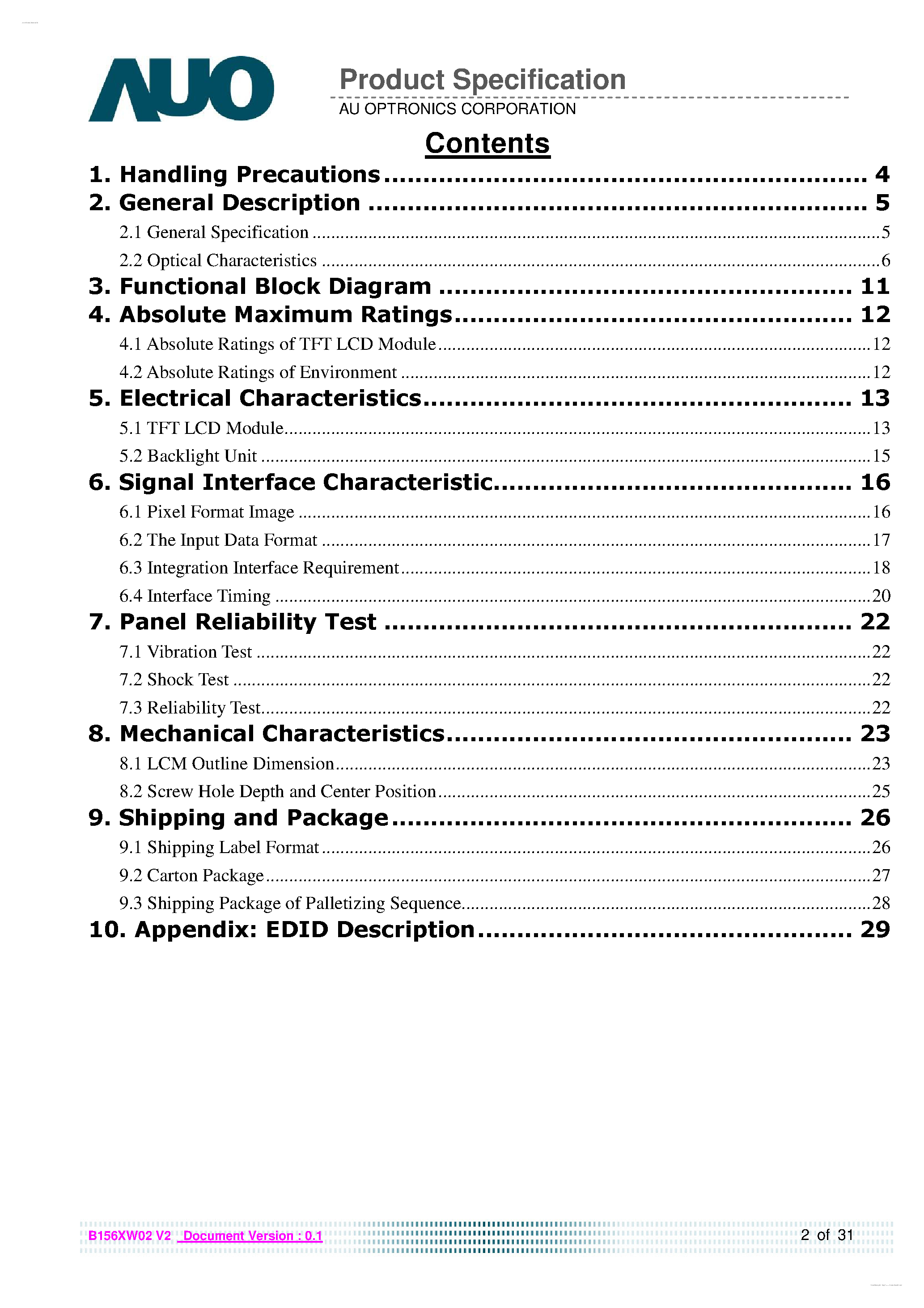 Даташит на микросхему B156XW02-V2 страница 2 Даташит B156XW02-V2 - LCD Module страница 2