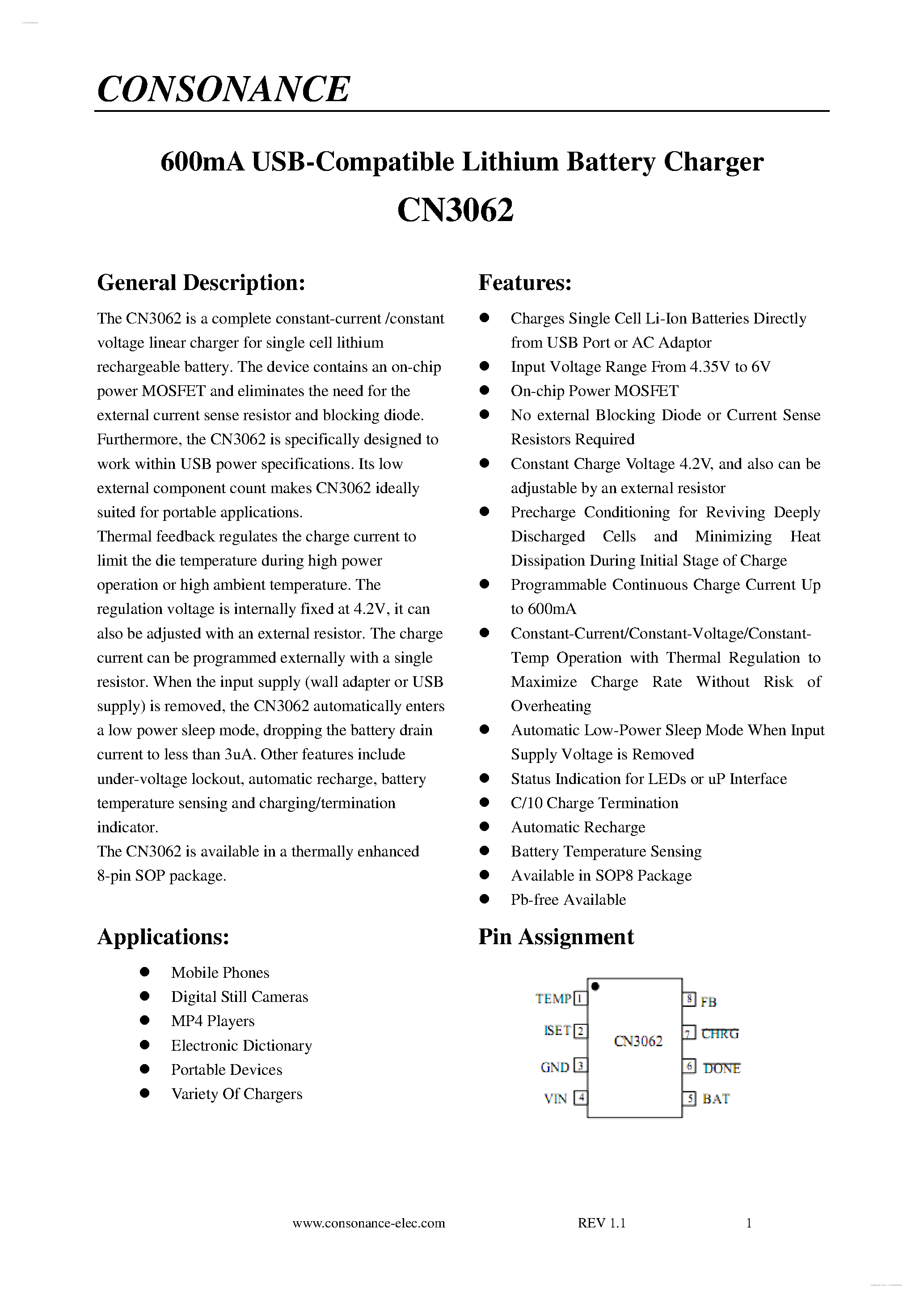 Datasheet CN3062 - 600mA USB-Compatible Lithium Battery Charger page 1