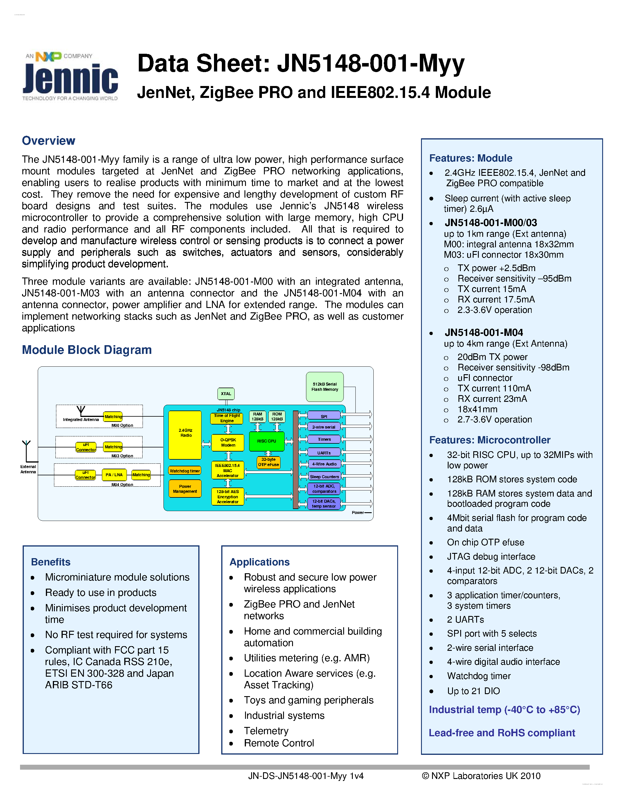 Datasheet JN5148-001-Myy page 1 Datasheet JN5148-001-Myy - ZigBee PRO and IEEE802.15.4 Module page 1