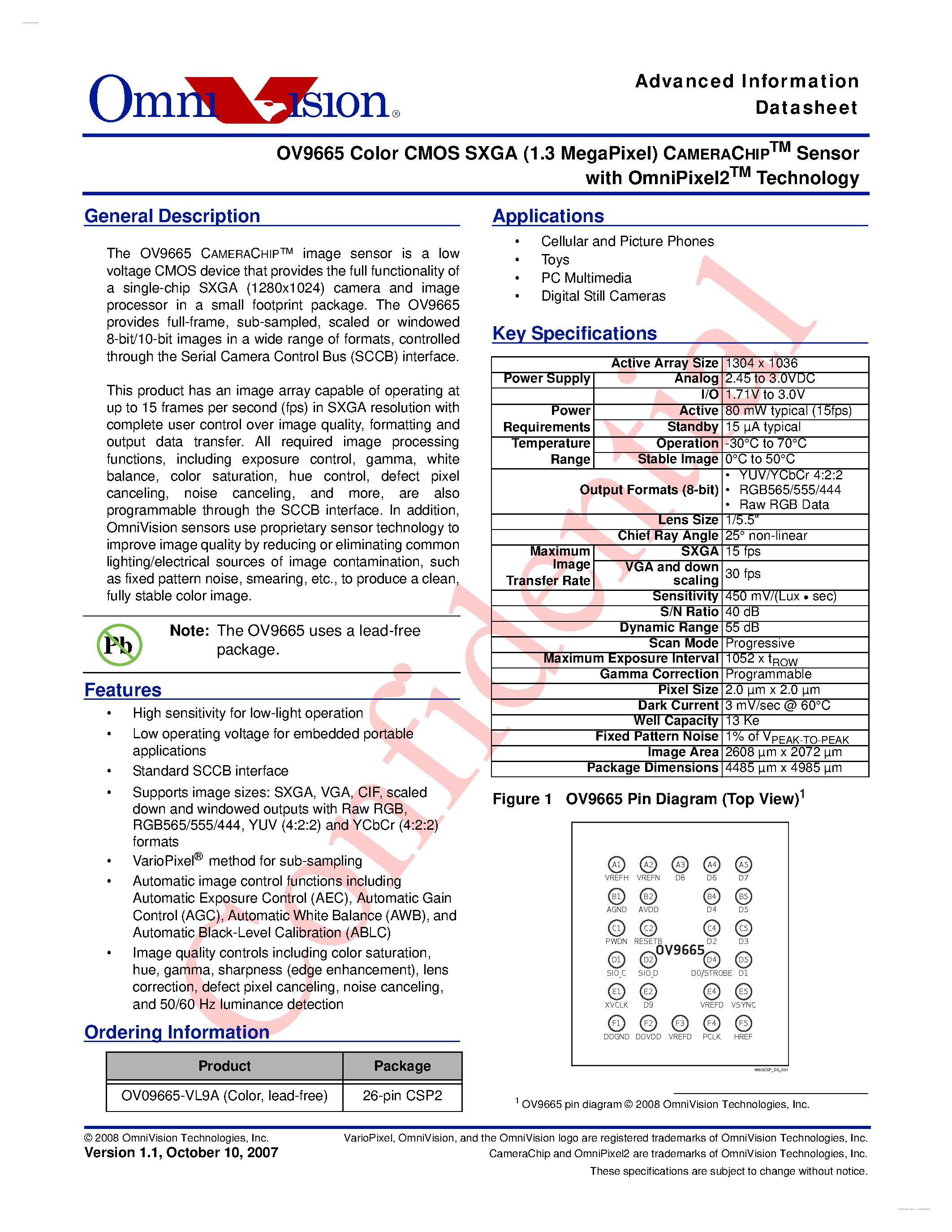 Datasheet OV9665 - Color CMOS SXGA CameraChip Sensor page 1