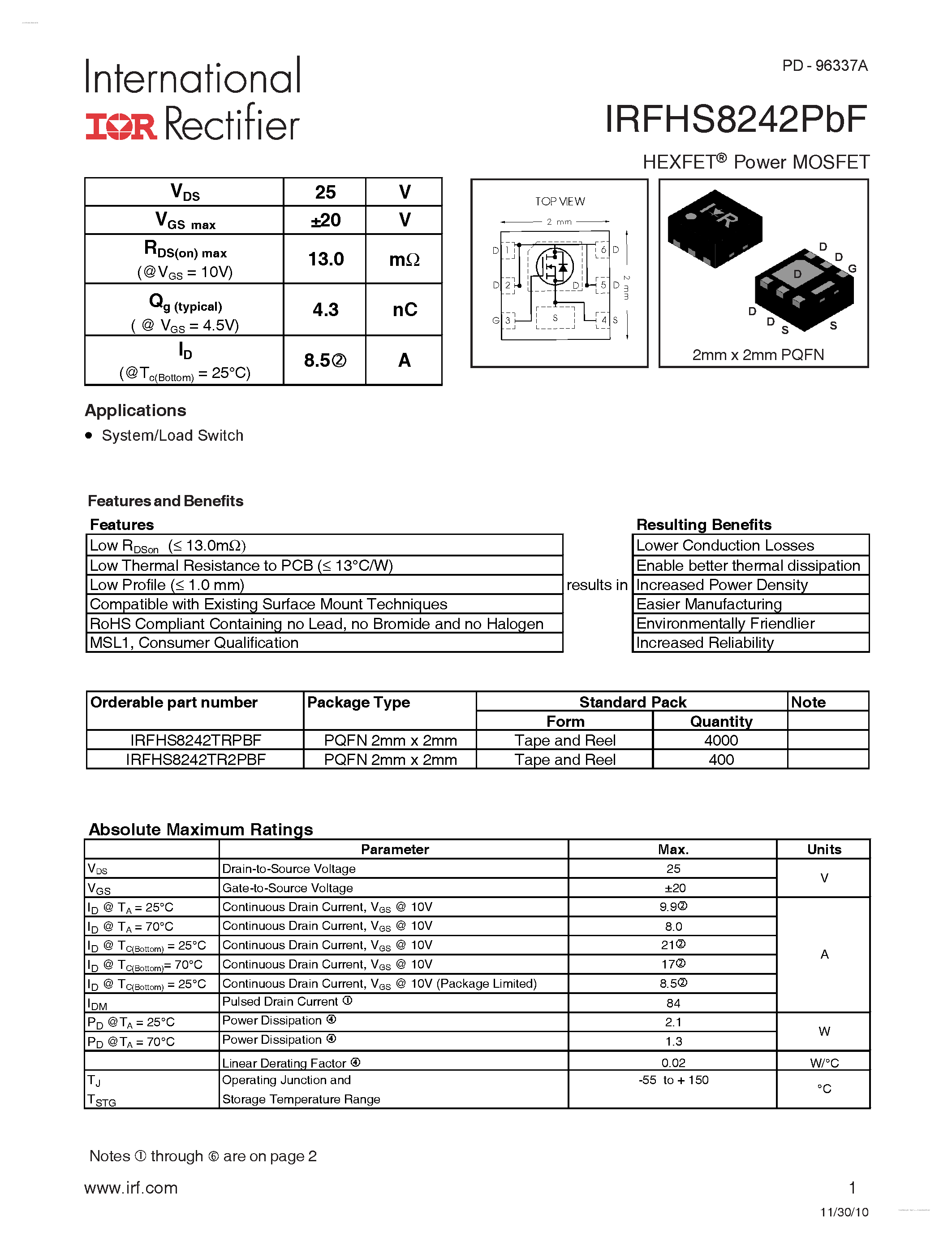 Datasheet IRFHS8242PBF - HEXFET Power MOSFET page 1