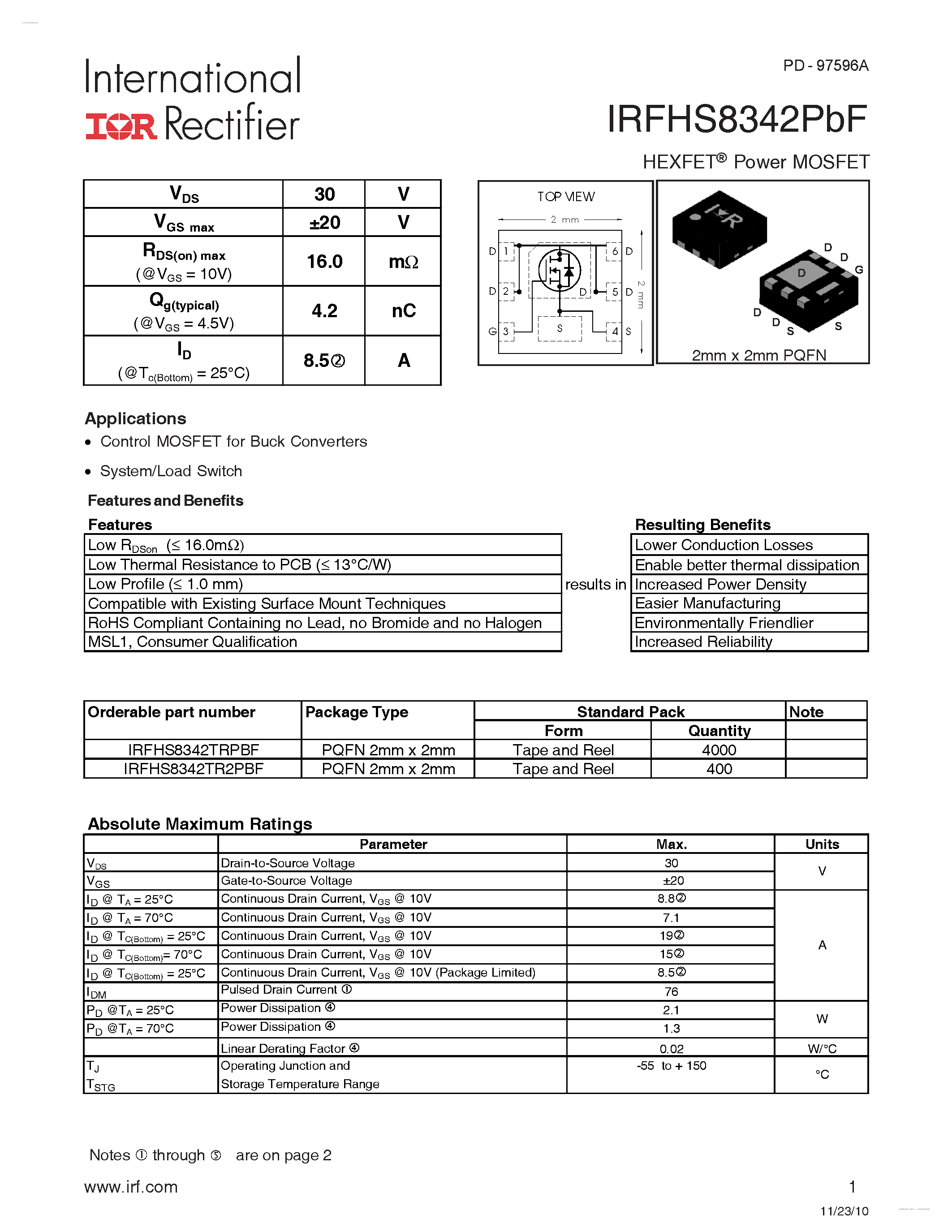 Datasheet IRFHS8342PBF - HEXFET Power MOSFET page 1