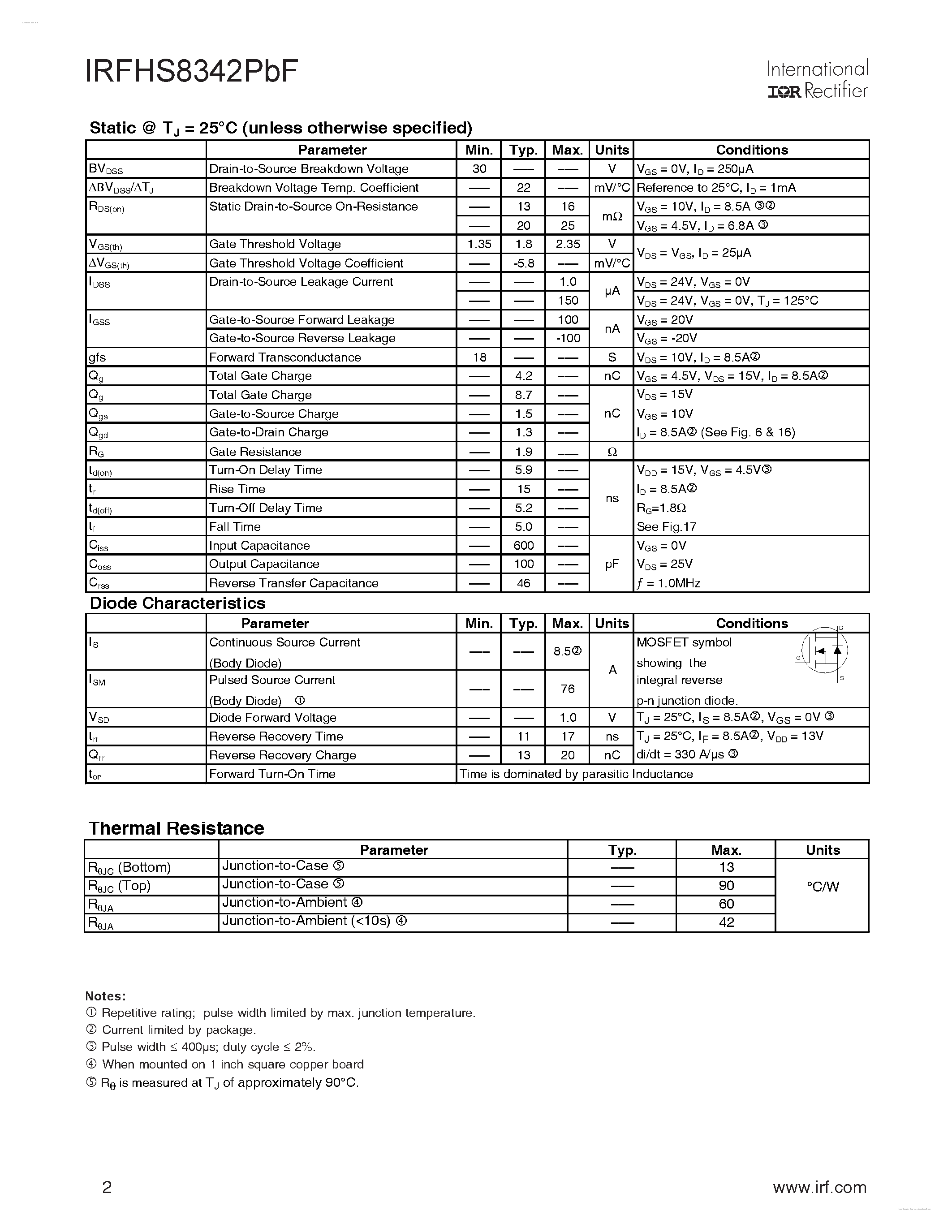 Datasheet IRFHS8342PBF - HEXFET Power MOSFET page 2
