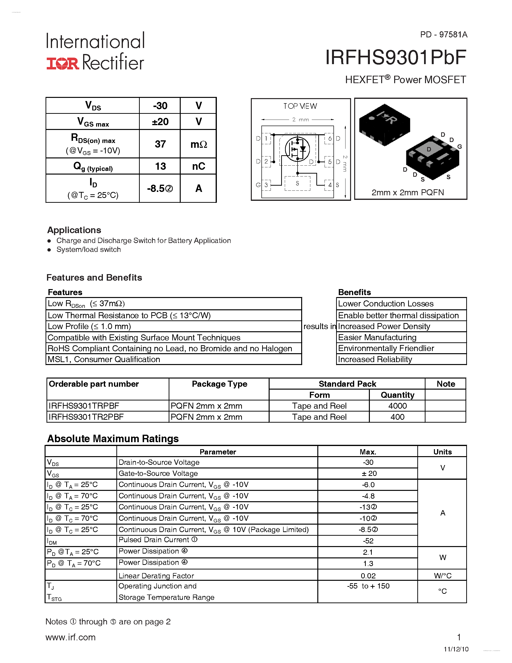 Datasheet IRFHS9301PBF - HEXFET Power MOSFET page 1