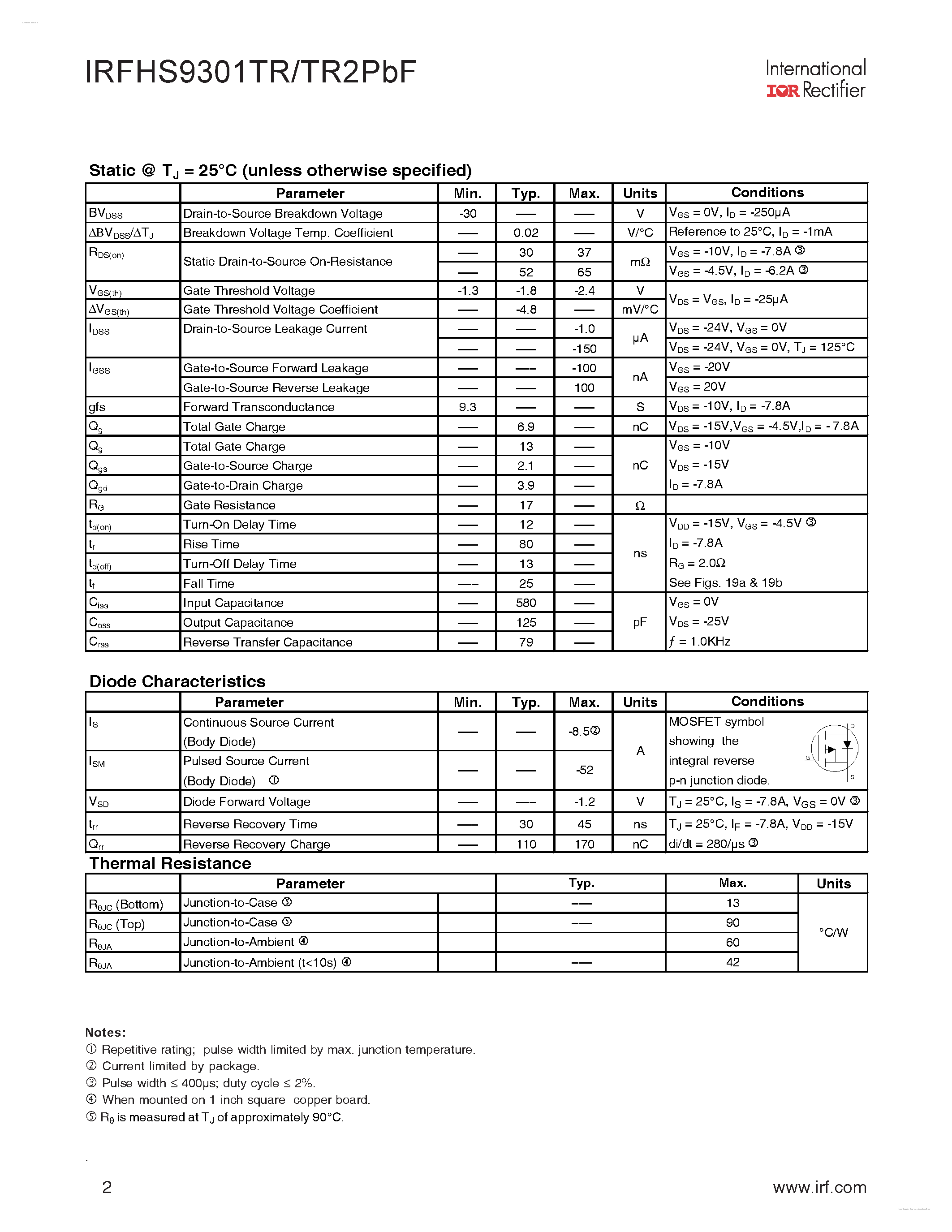 Datasheet IRFHS9301PBF - HEXFET Power MOSFET page 2