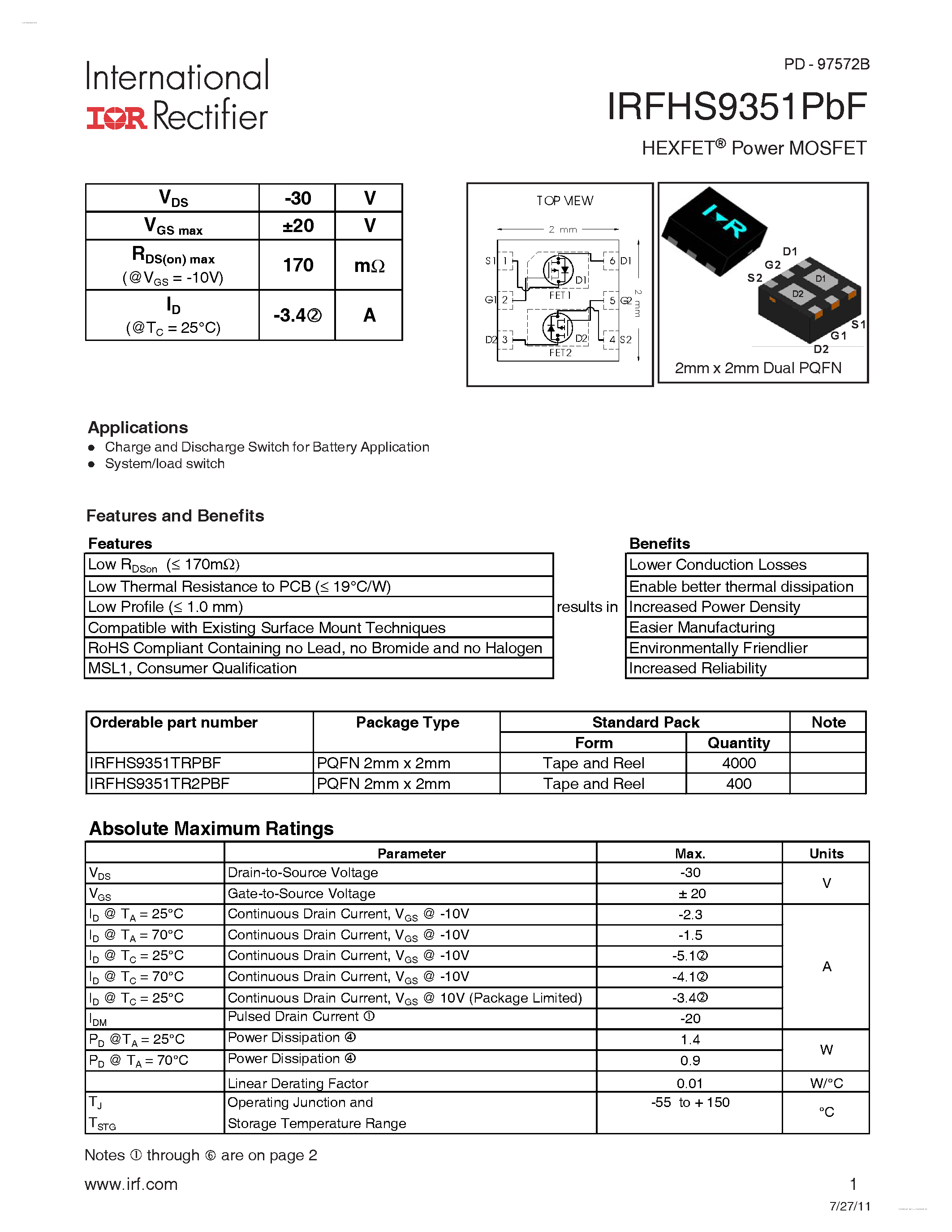 Datasheet IRFHS9351PBF - HEXFET Power MOSFET page 1