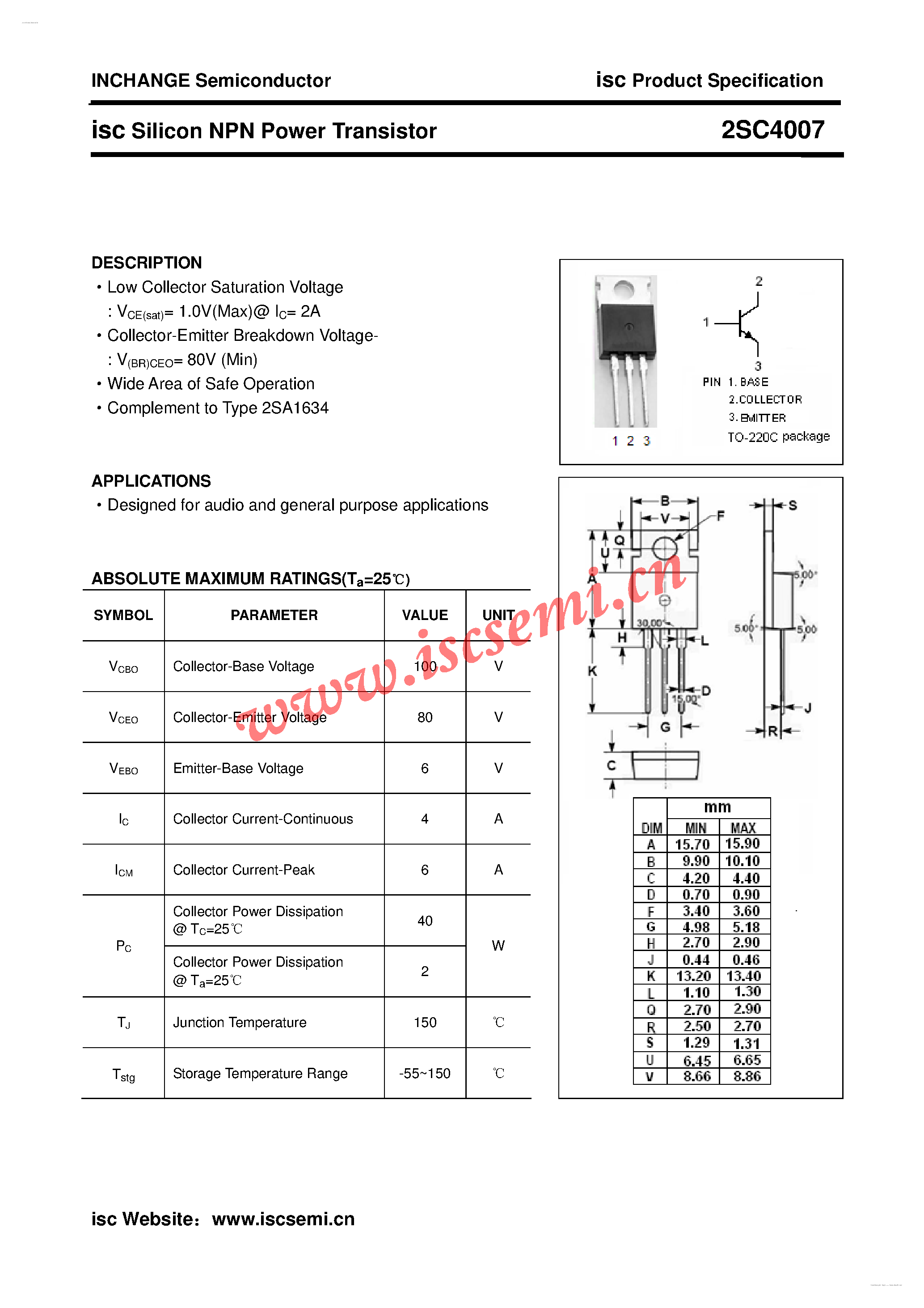 Datasheet 2SC4007 - Silicon NPN Power Transistor page 1
