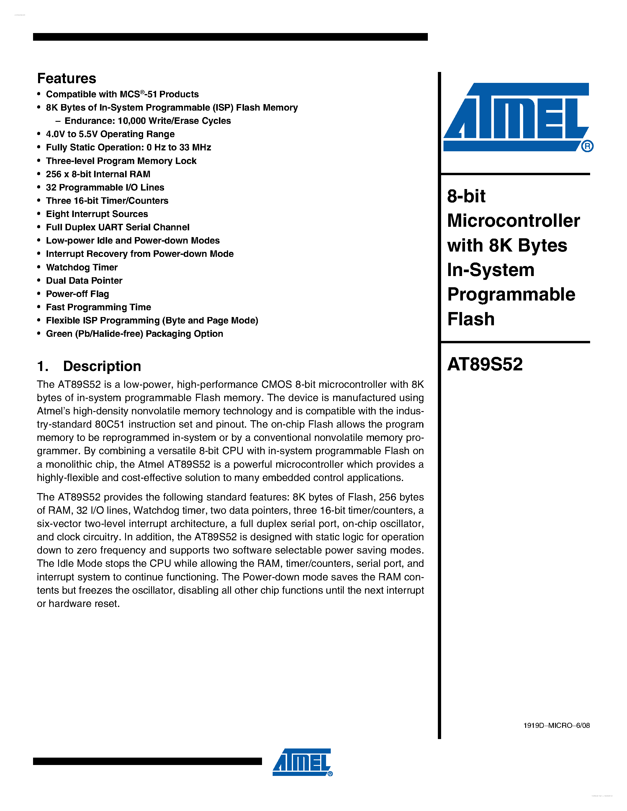 Даташит на микросхему ATMEL89S52 страница 1 Даташит ATMEL89S52 - 8-bit Microcontroller страница 1