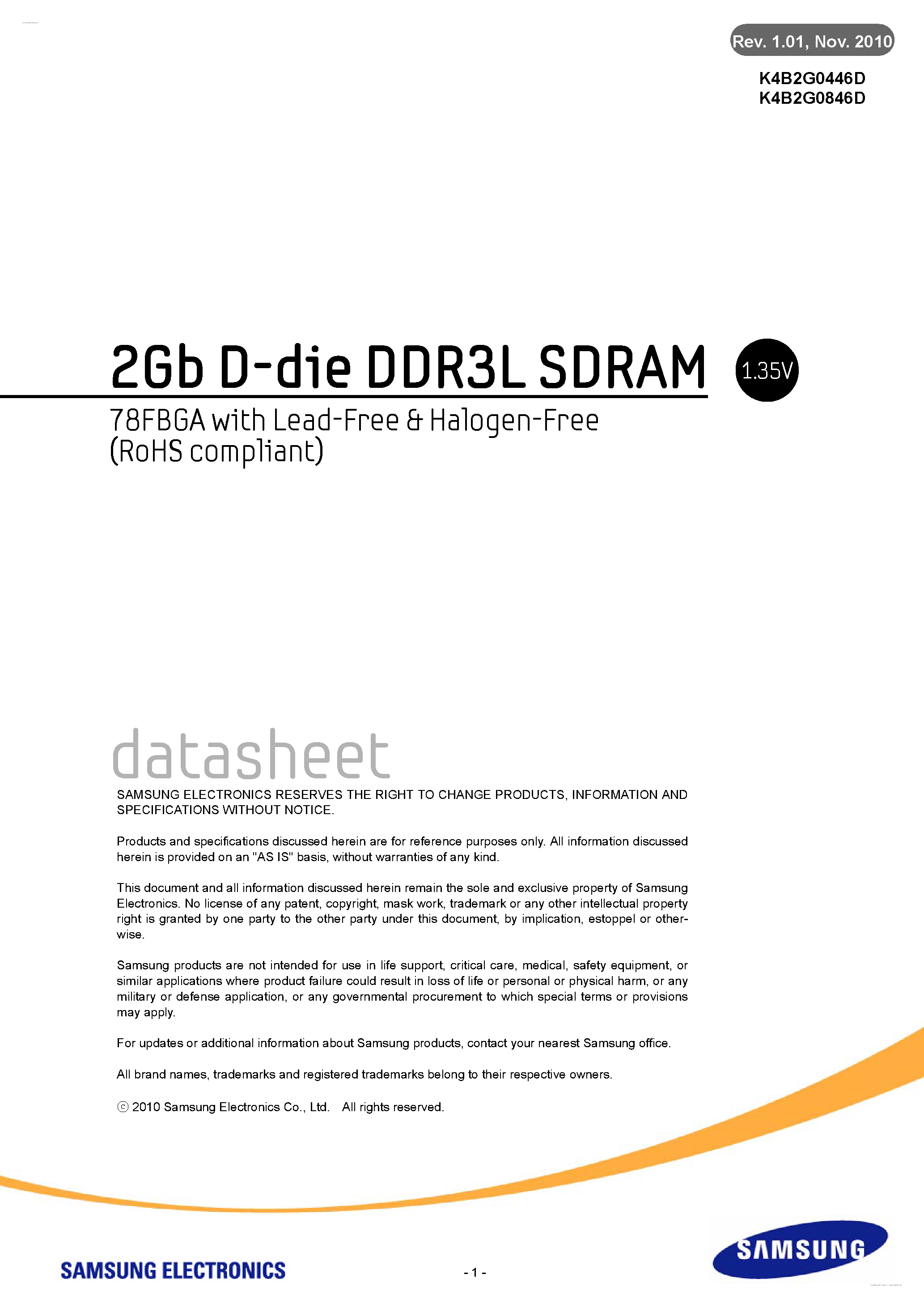 Даташит на микросхему K4B2G0446D страница 1 Даташит K4B2G0446D - 2Gb D-die DDR3L SDRAM страница 1