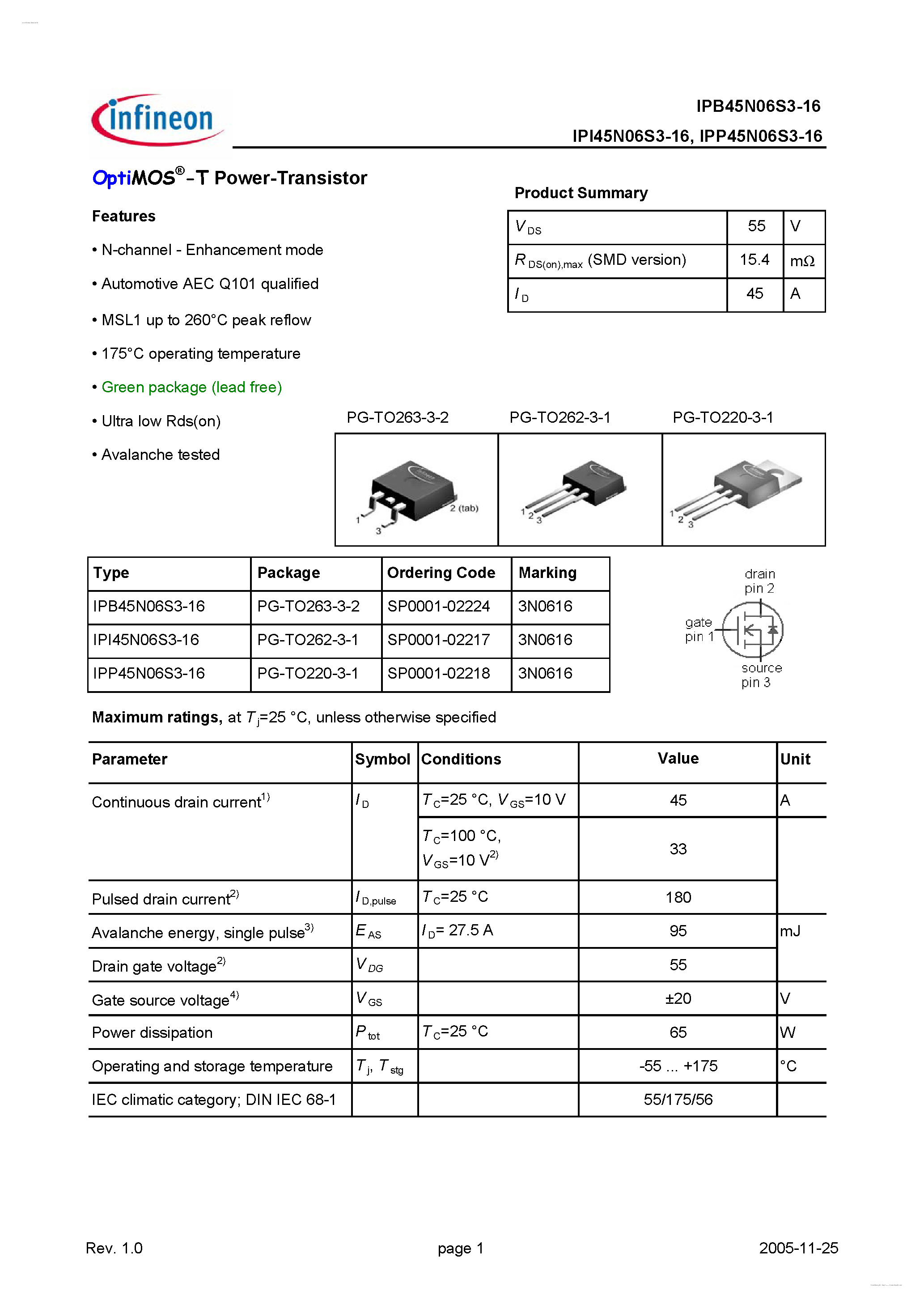 Даташит IPB45N06S3-16 - OptiMOS-T Power-Transistor страница 1