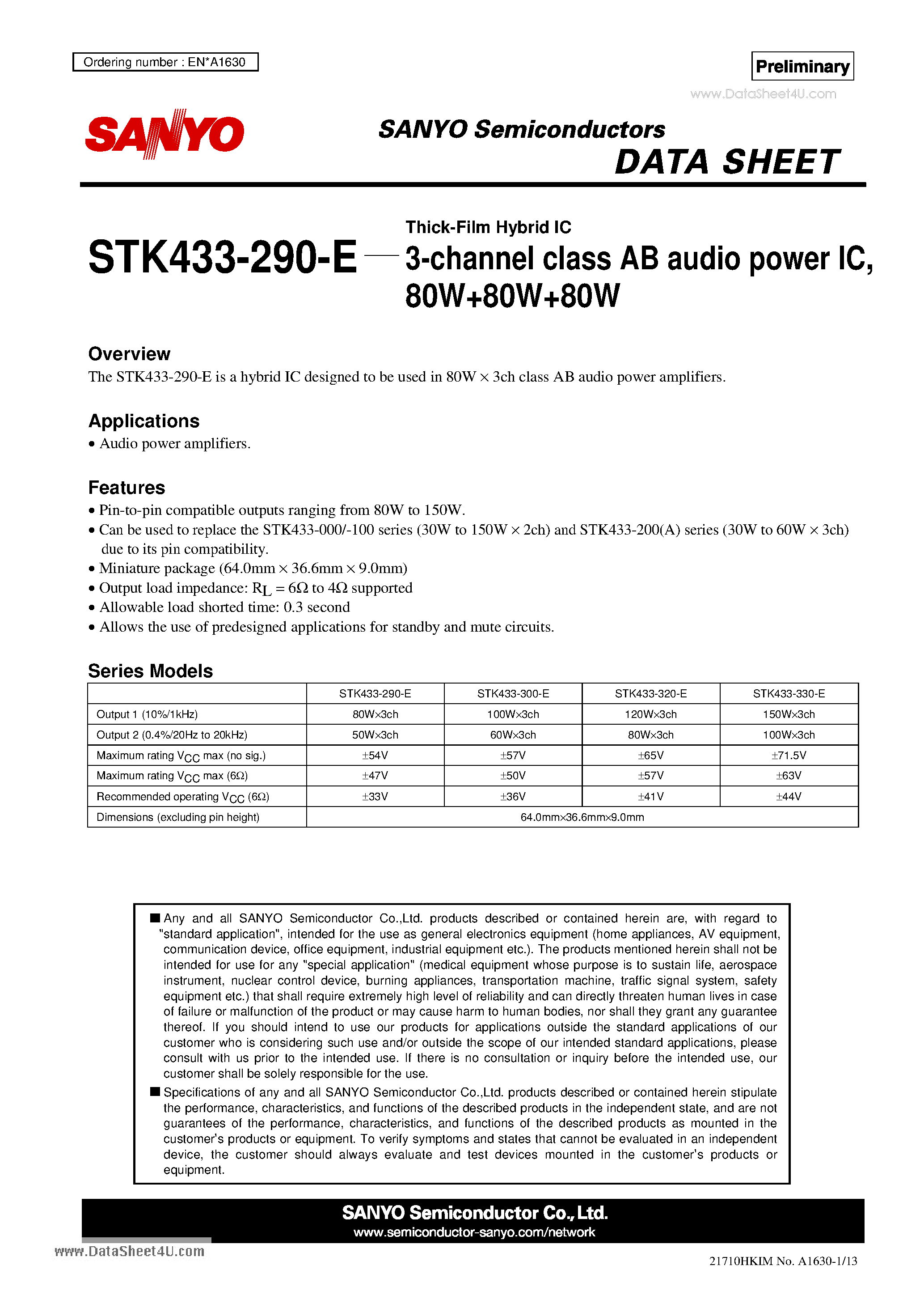 Datasheet STK433-290-E - 3-channel class AB audio power IC page 1