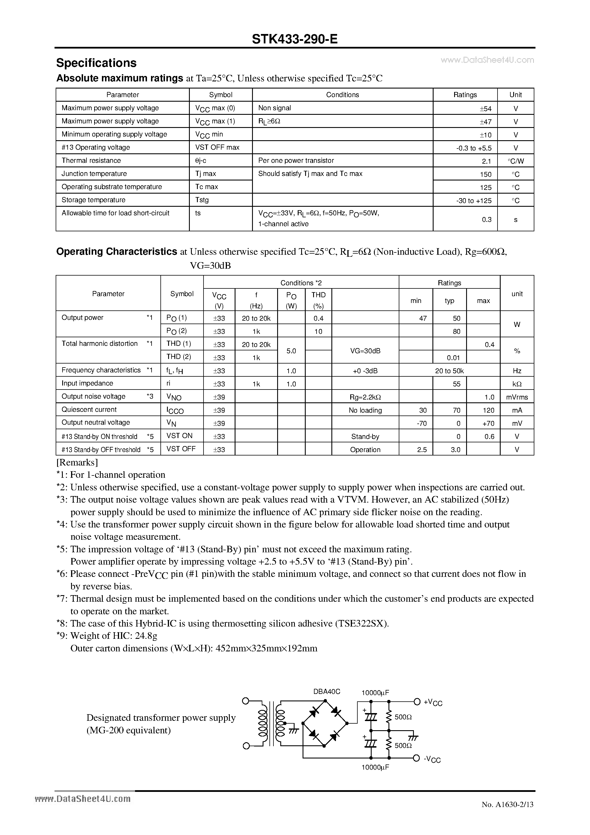 Datasheet STK433-290-E - 3-channel class AB audio power IC page 2