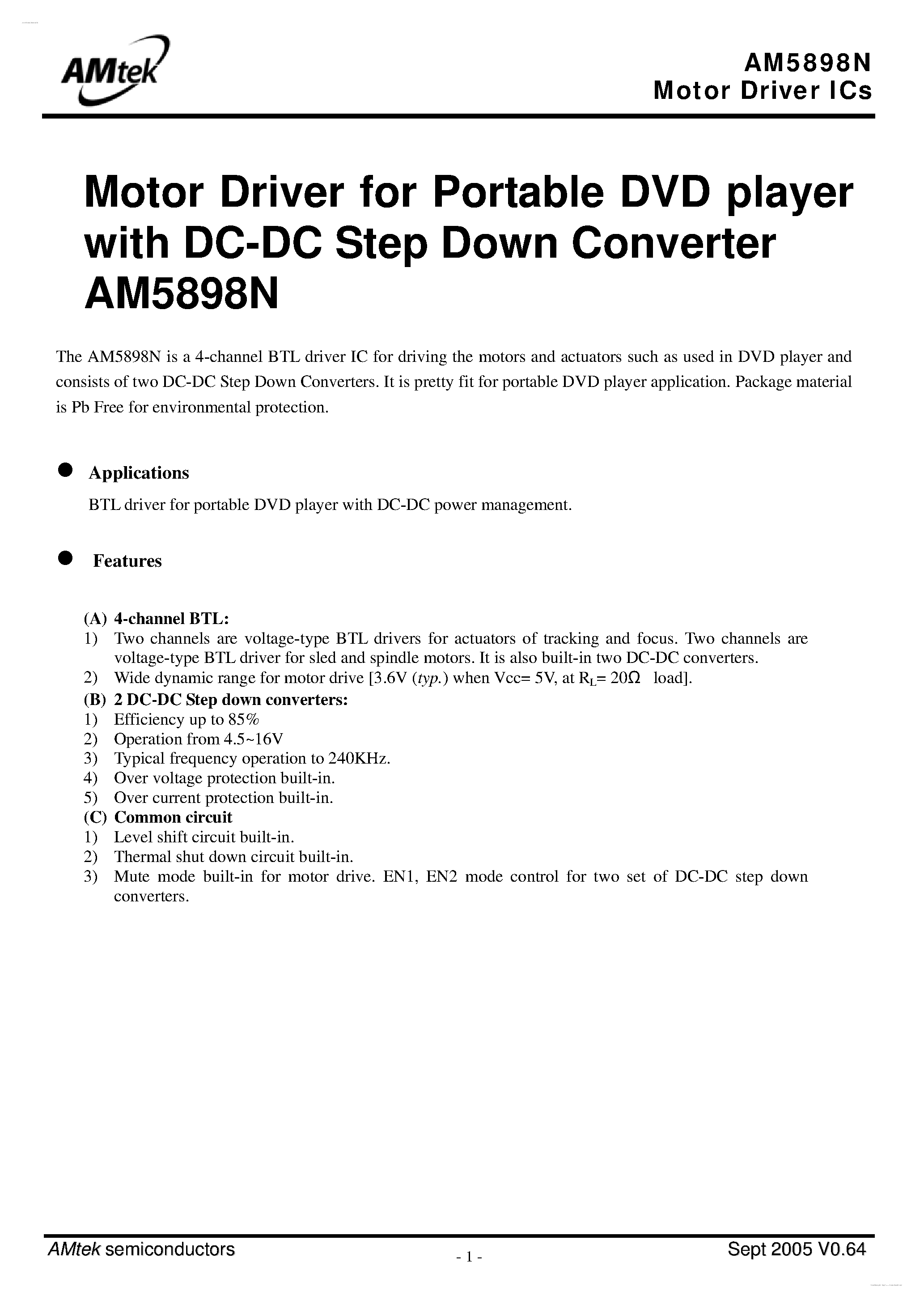 Datasheet AM5898N page 1 Datasheet AM5898N - Motor Driver page 1
