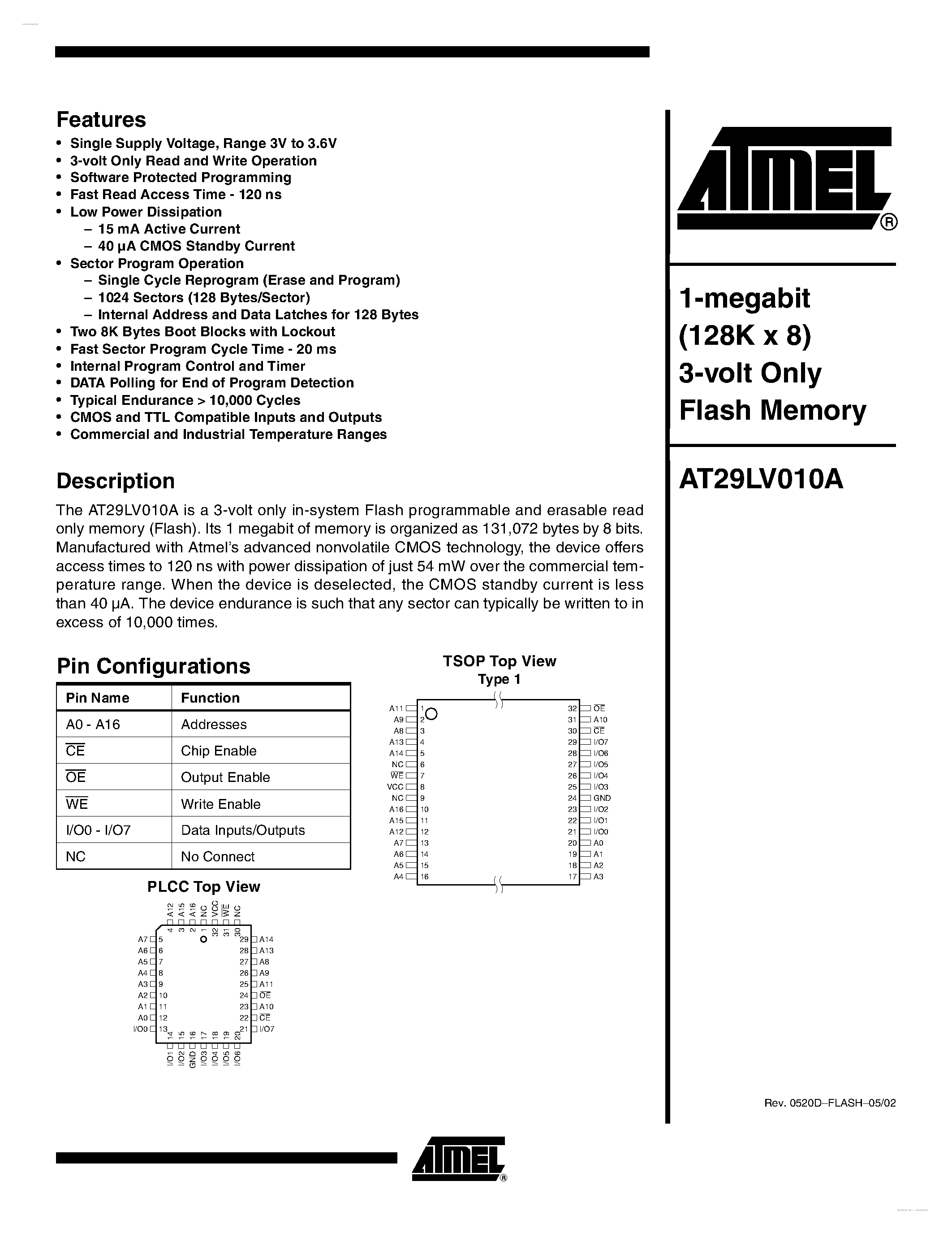 Datasheet AT29LV010A page 1 Datasheet AT29LV010A - 1 Megabit 128K x 8 3-volt Only CMOS Flash page 1