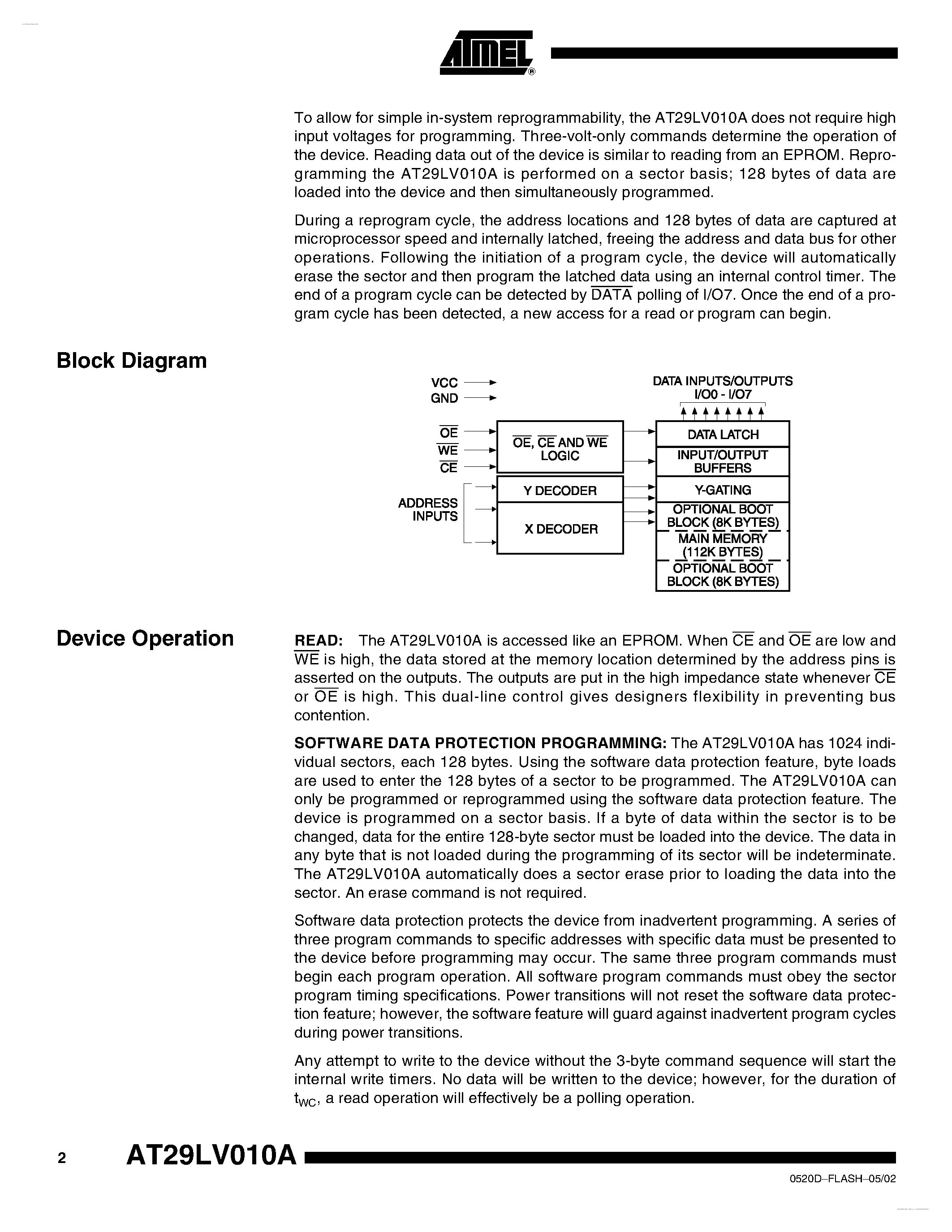 Datasheet AT29LV010A page 2 Datasheet AT29LV010A - 1 Megabit 128K x 8 3-volt Only CMOS Flash page 2