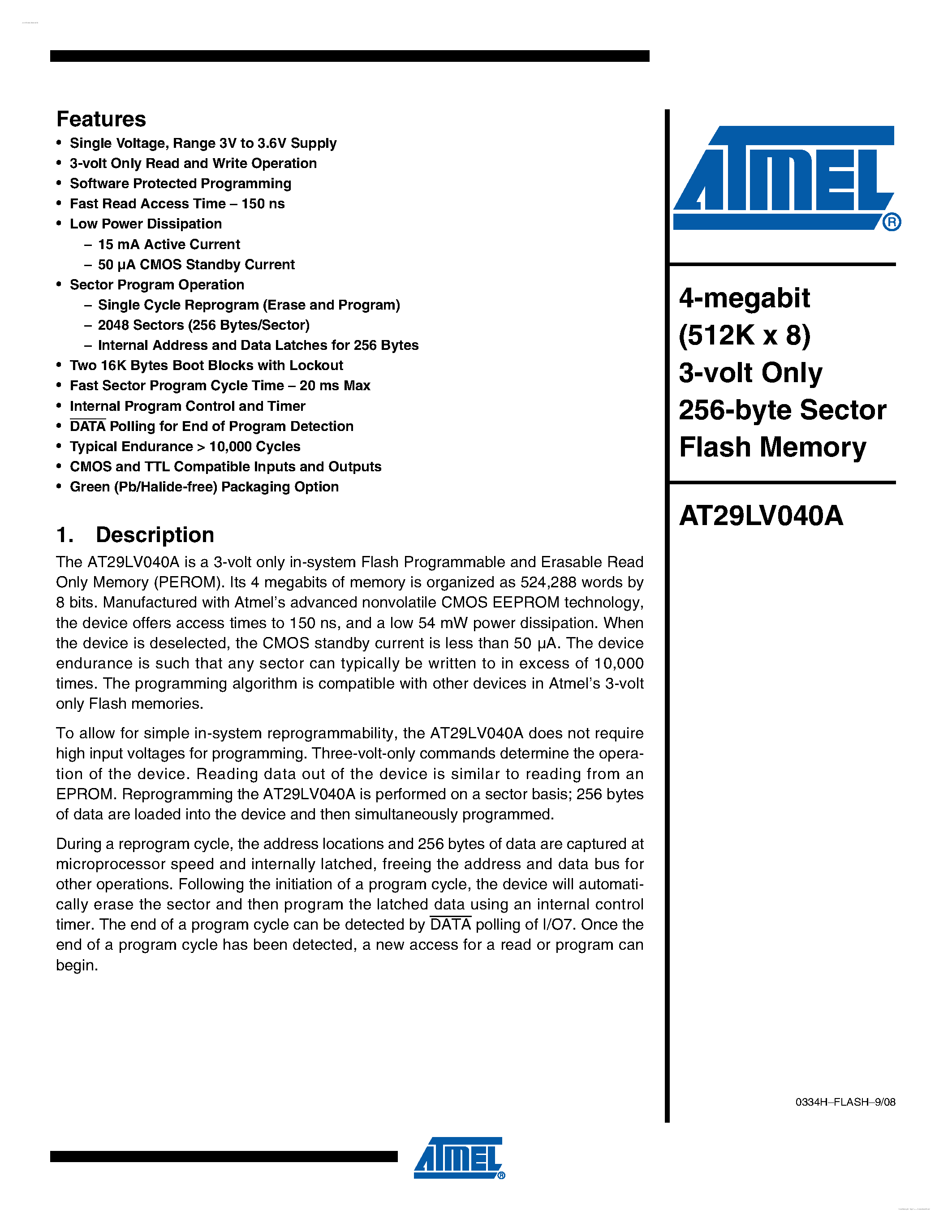 Datasheet AT29LV040A - 4-megabit (512K x 8) 3-volt Only 256-byte Sector Flash Memory page 1