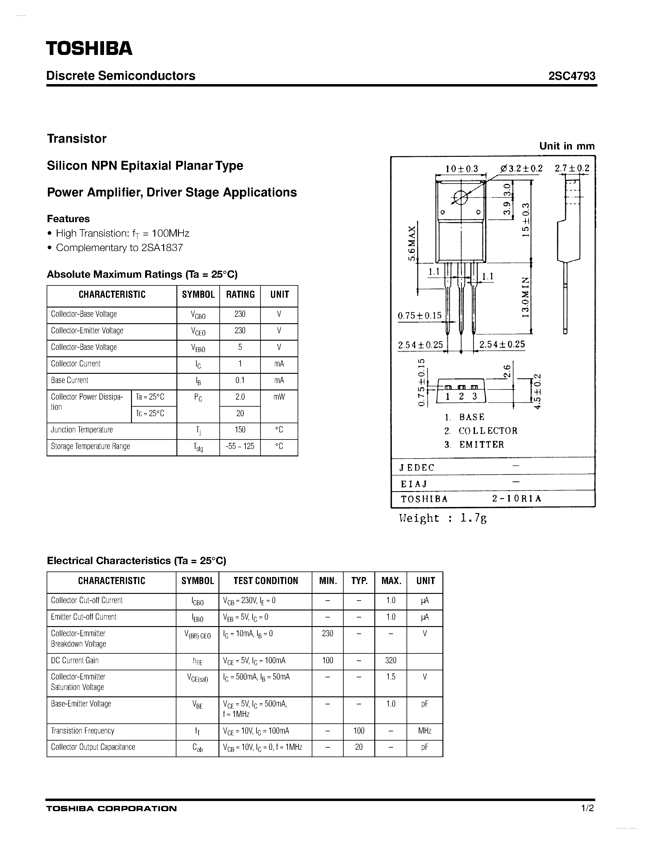 Datasheet C4793 page 1 Datasheet C4793 - Search -----> 2SC4793 page 1