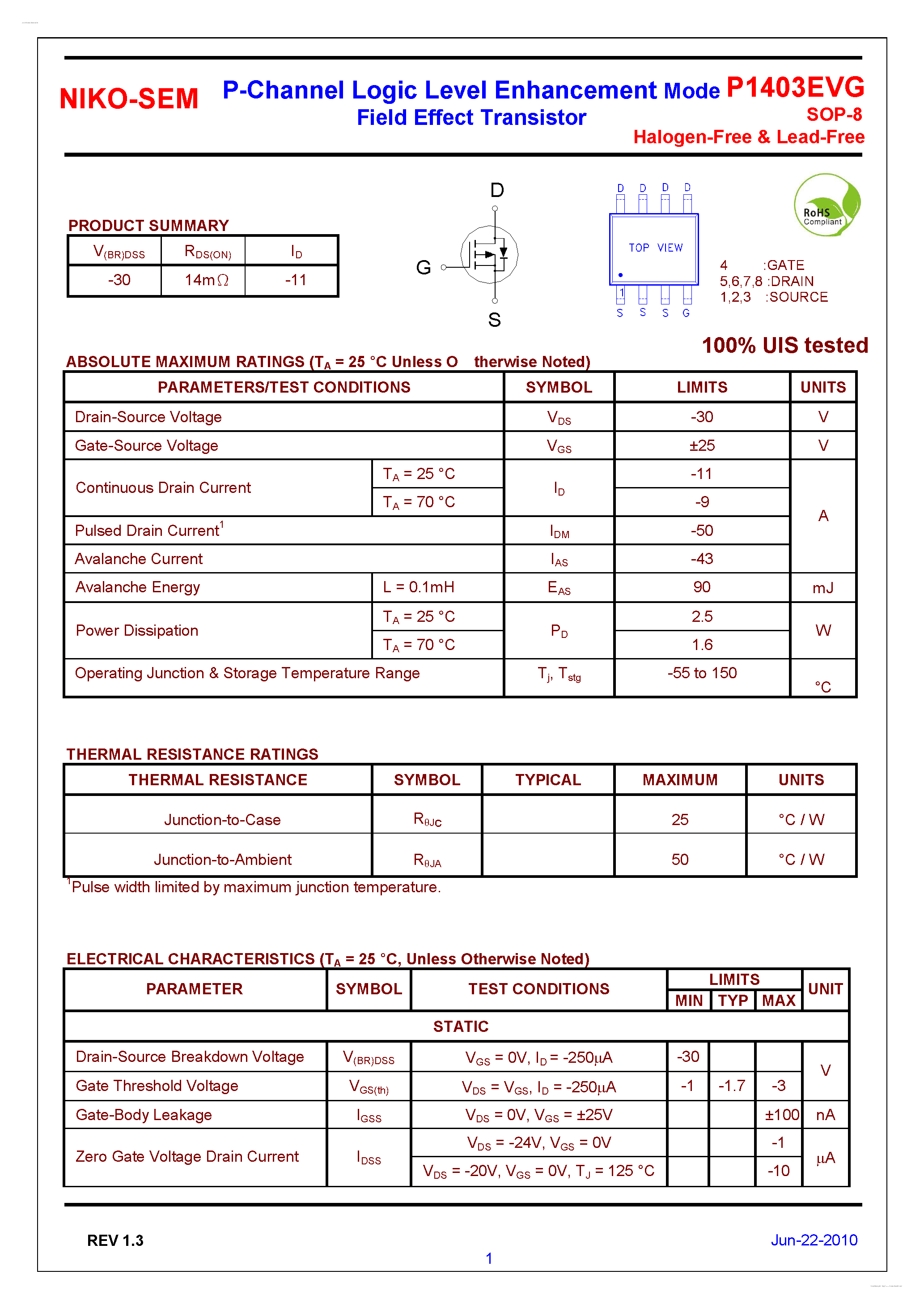 Datasheet P1403EVG - P-Channel Logic Level Enhancement Mode Field Effect Transistor page 1