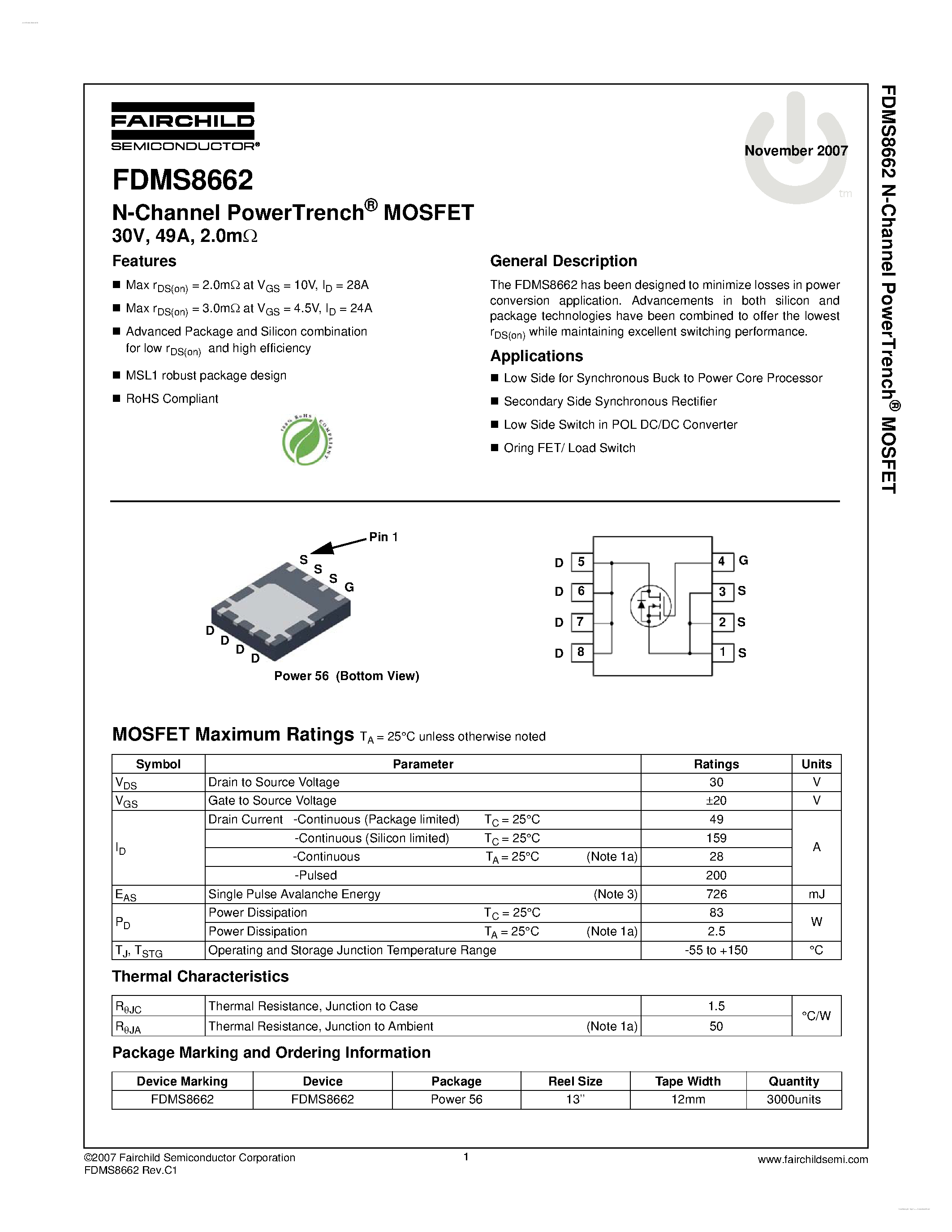 Datasheet FDMS8662 - N-Channel PowerTrench MOSFET page 1