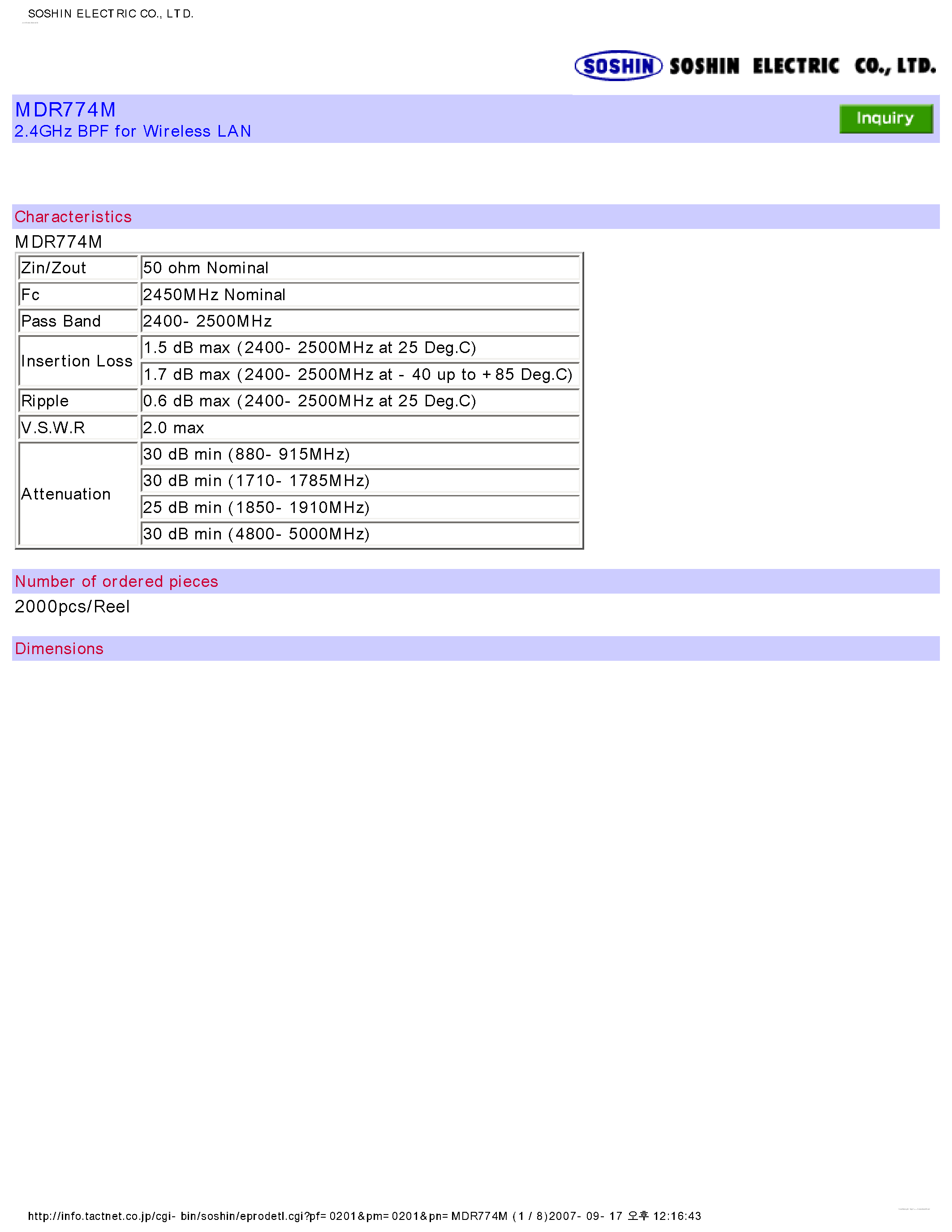 Datasheet MDR774M - 2.4GHz BPF for Wireless LAN page 1