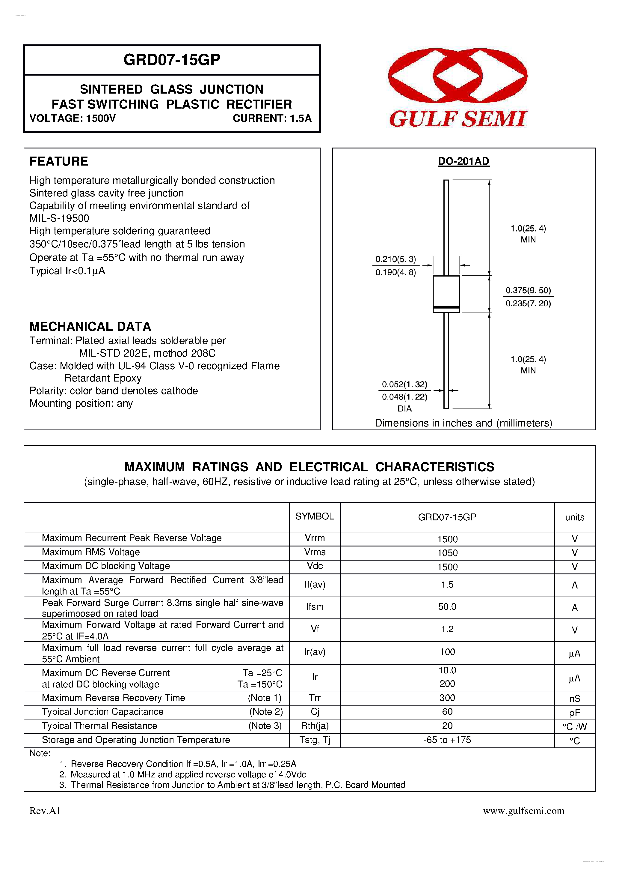 Datasheet GRD07-15GP - SINTERED GLASS JUNCTION FAST SWITCHING PLASTIC RECTIFIER page 1