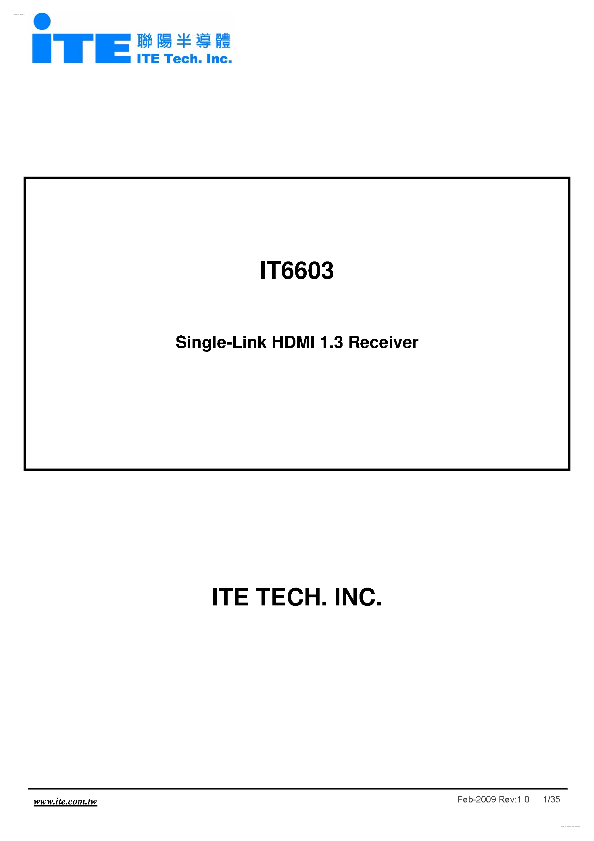 Datasheet IT6603 - Single-Link HDMI 1.3 Receiver page 1
