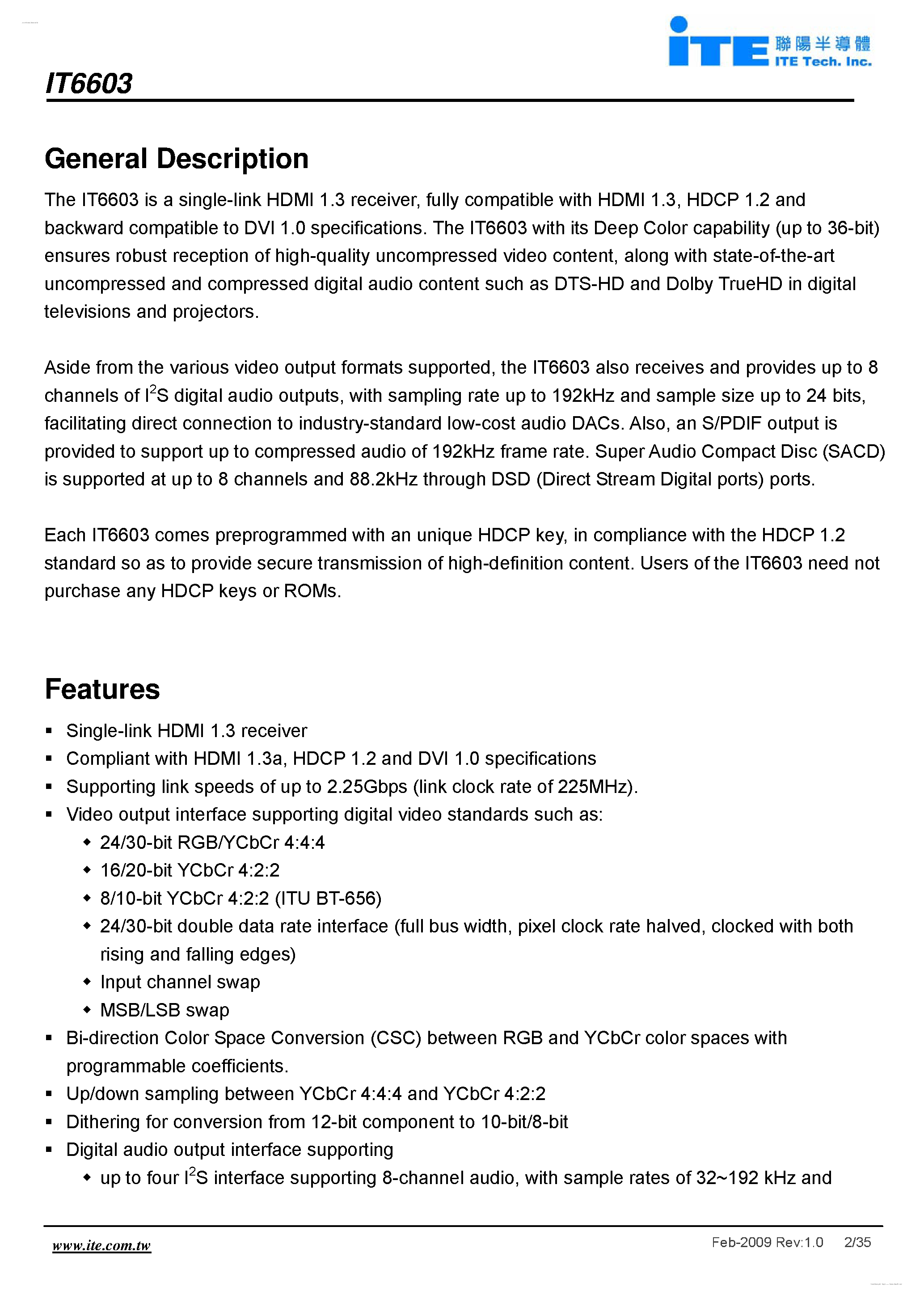 Datasheet IT6603 - Single-Link HDMI 1.3 Receiver page 2