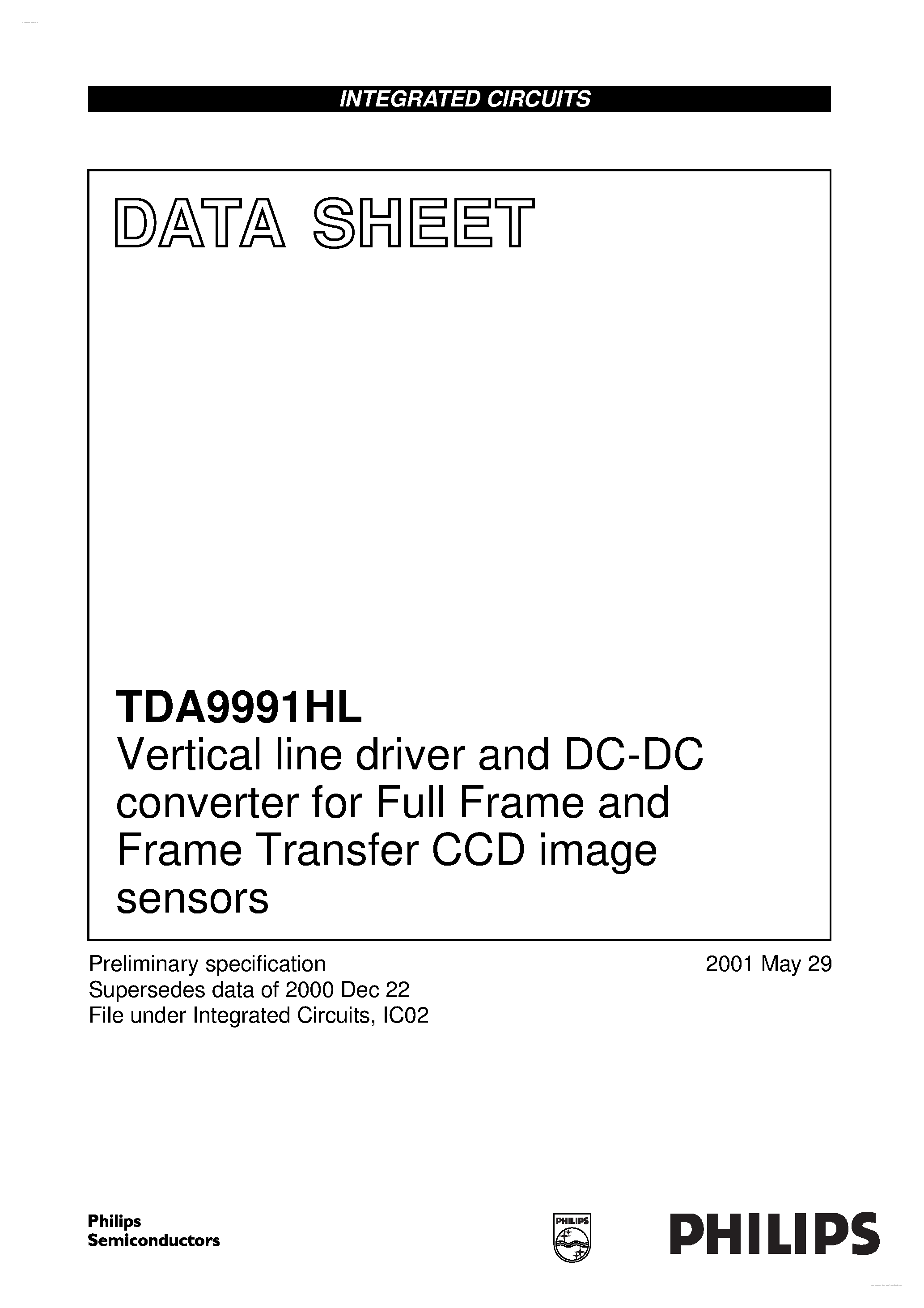 Datasheet TDA9991HL page 1 Datasheet TDA9991HL - Vertical line driver and DC-DC converter page 1