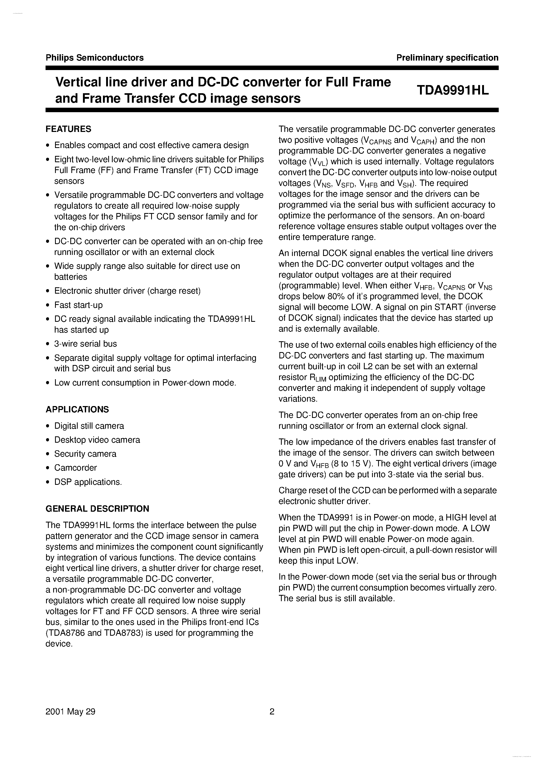 Datasheet TDA9991HL page 2 Datasheet TDA9991HL - Vertical line driver and DC-DC converter page 2