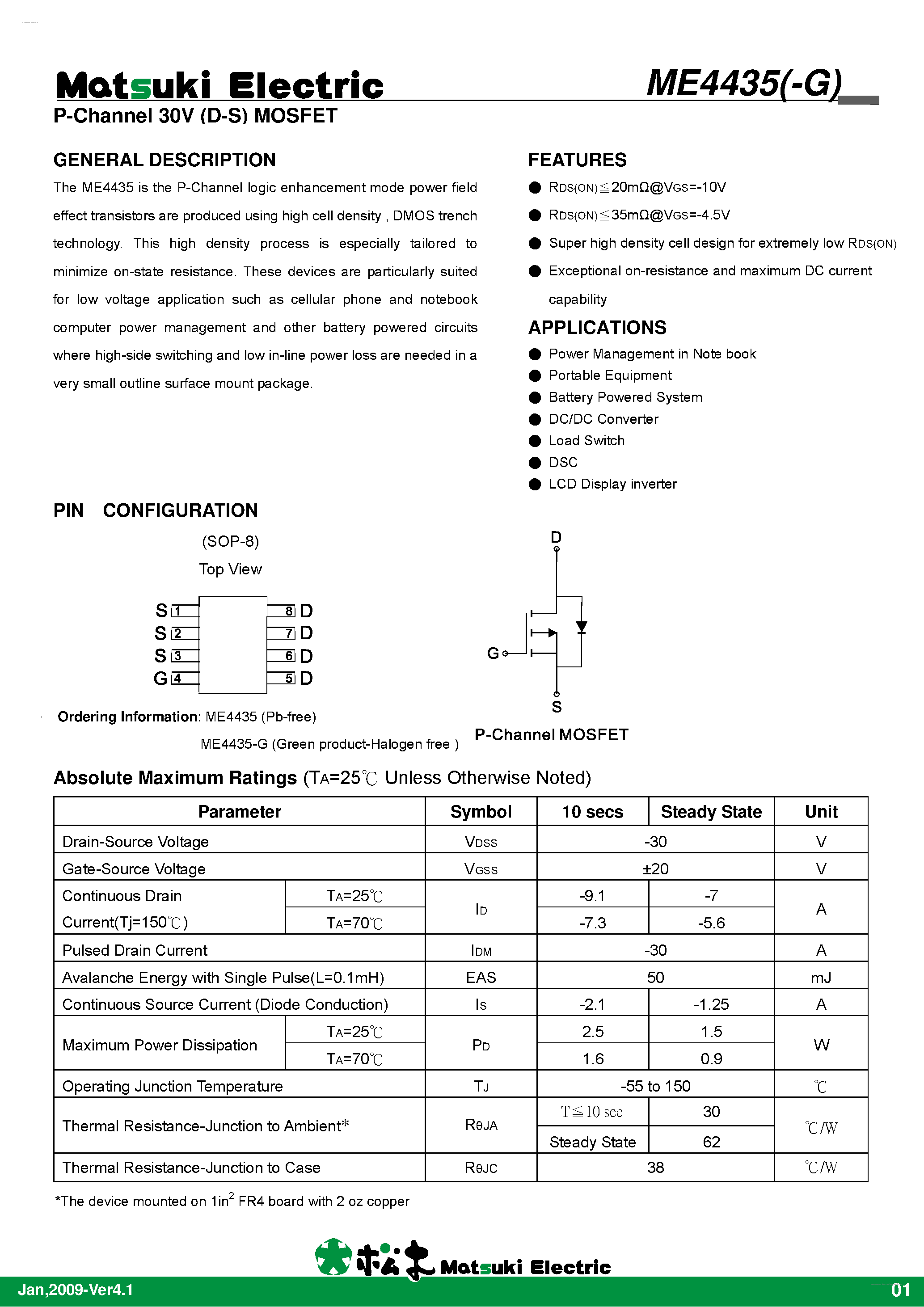 Даташит ME4435-G - P-Channel 30-V (D-S) MOSFET страница 1