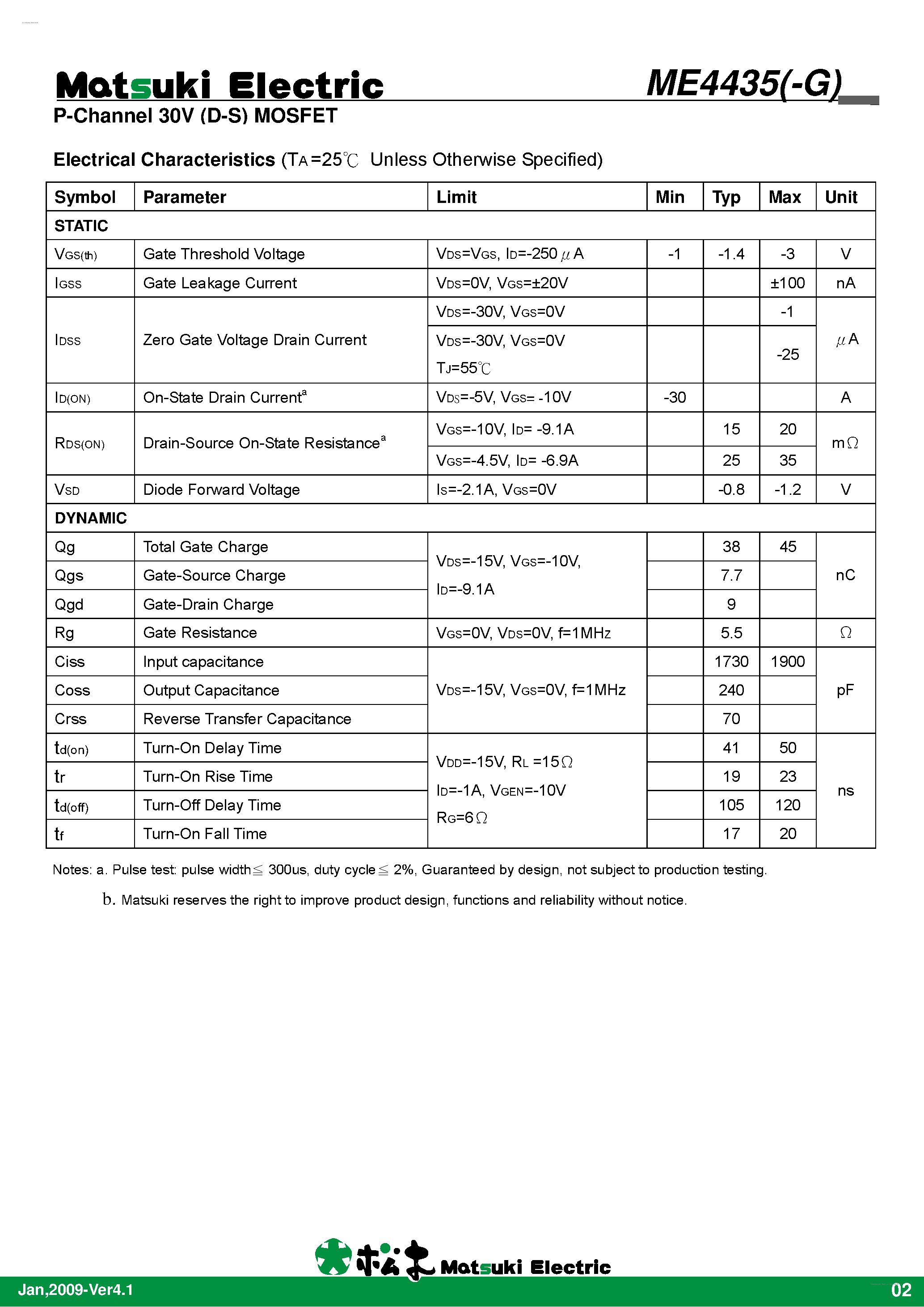 Даташит ME4435-G - P-Channel 30-V (D-S) MOSFET страница 2